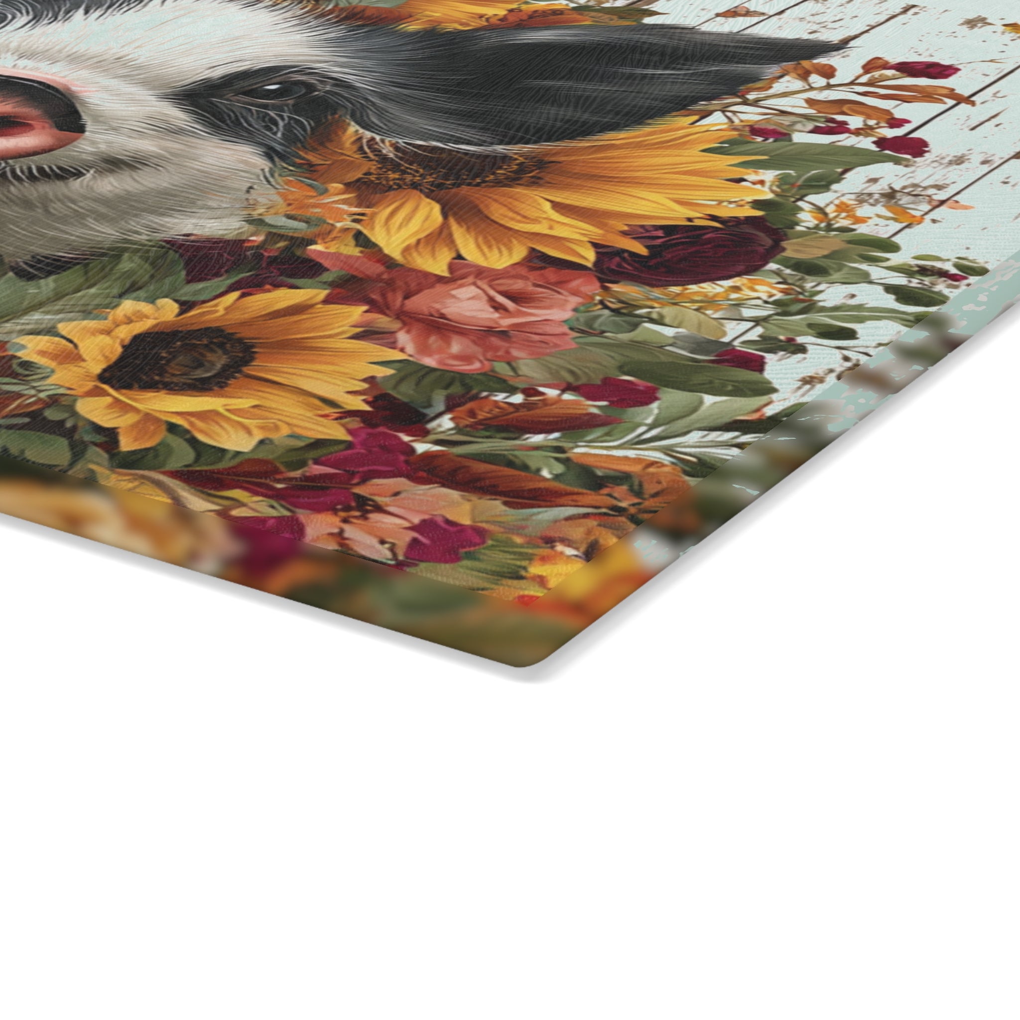 Sunflower Pig Glass Cutting Board – Rustic Farm Pig Kitchen Decor, Floral Farmhouse Cutting Board, Country Homestead Kitchen Gift