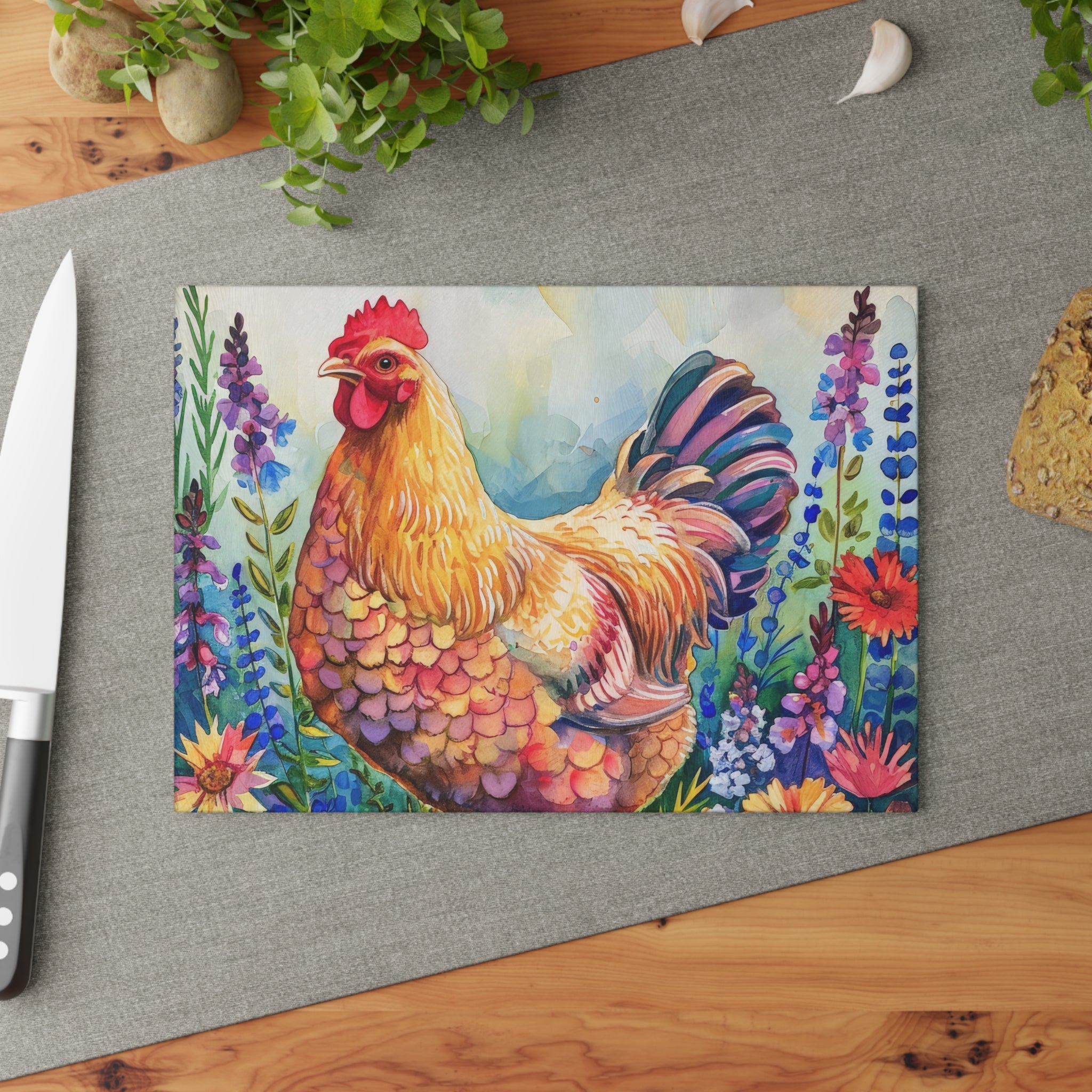 Watercolor Floral Chicken Cutting Board – Farmhouse Glass Kitchen Board for Chicken Lovers