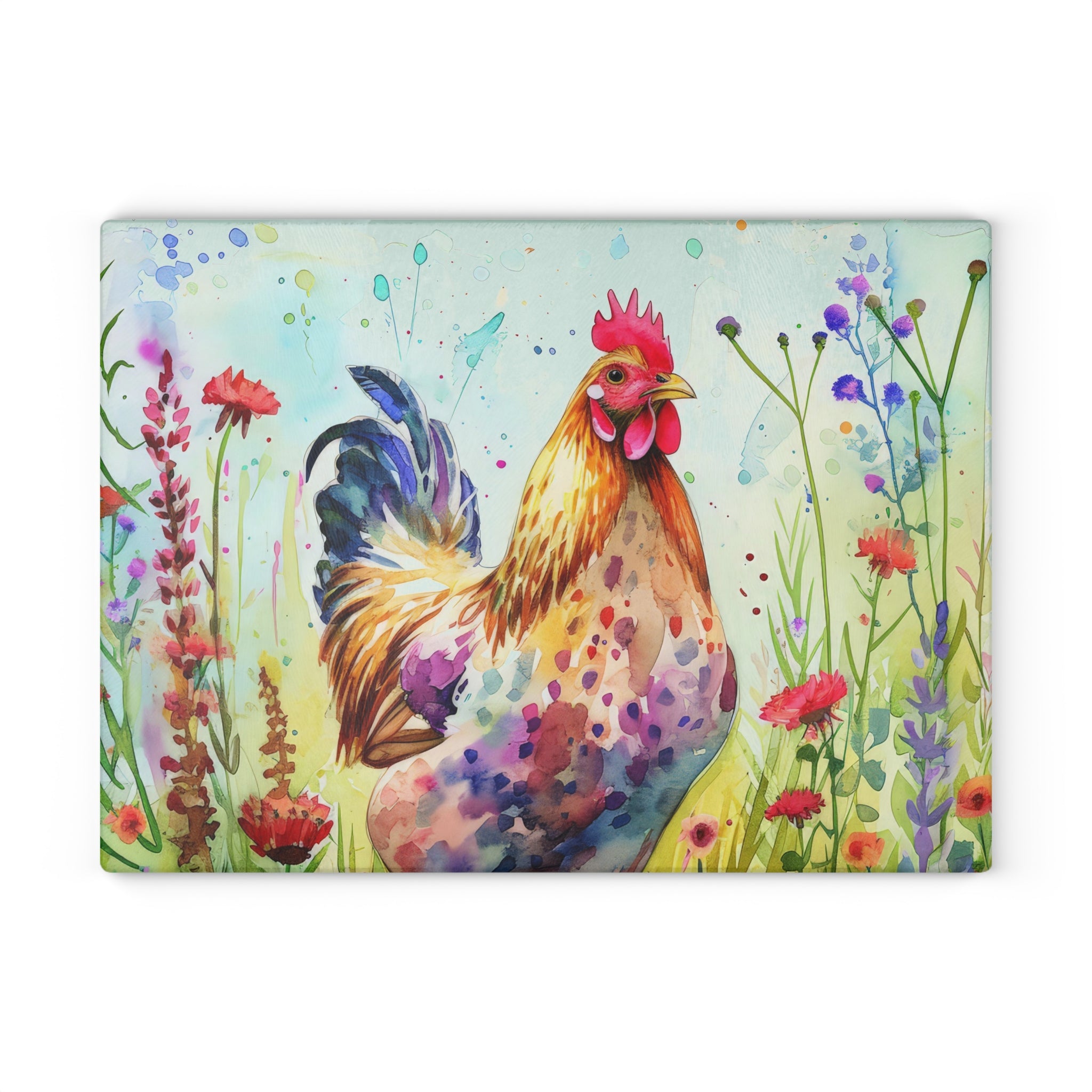 Floral Chicken Glass Cutting Board – Farmhouse Kitchen Decor, Colorful Chicken Counter Protector, Homestead Gift