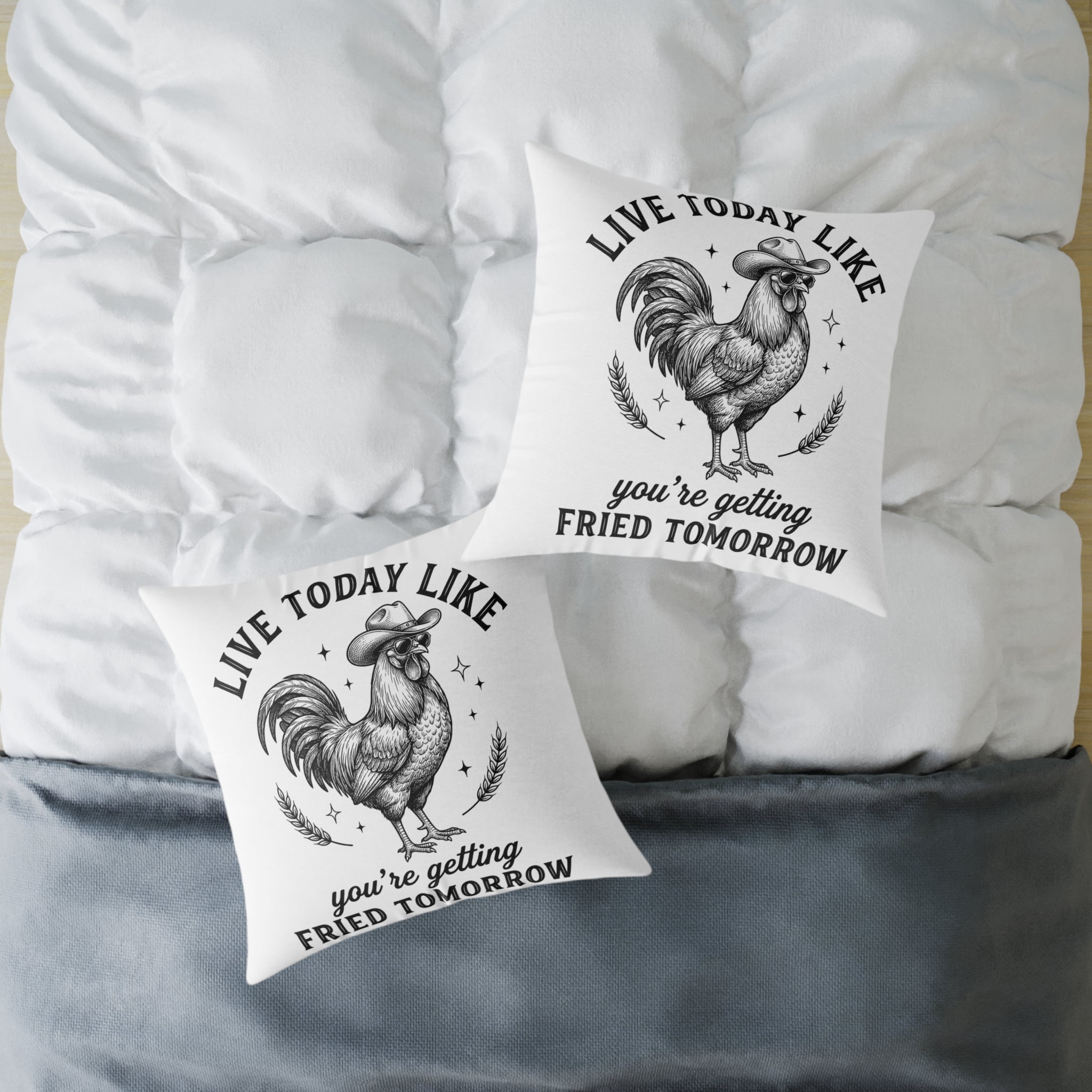 Funny Rooster Throw Pillow – “Live Today Like You’re Getting Fried Tomorrow” Farmhouse Chicken Decor Cushion