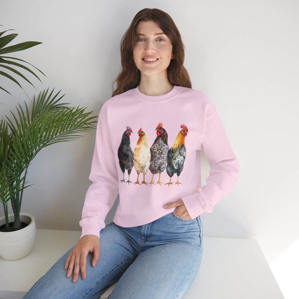 Chicken Flock Sweatshirt – Farmhouse Hen Lineup Crewneck, Cozy Homestead Chicken Mom Pullover, Unisex Gildan 18000