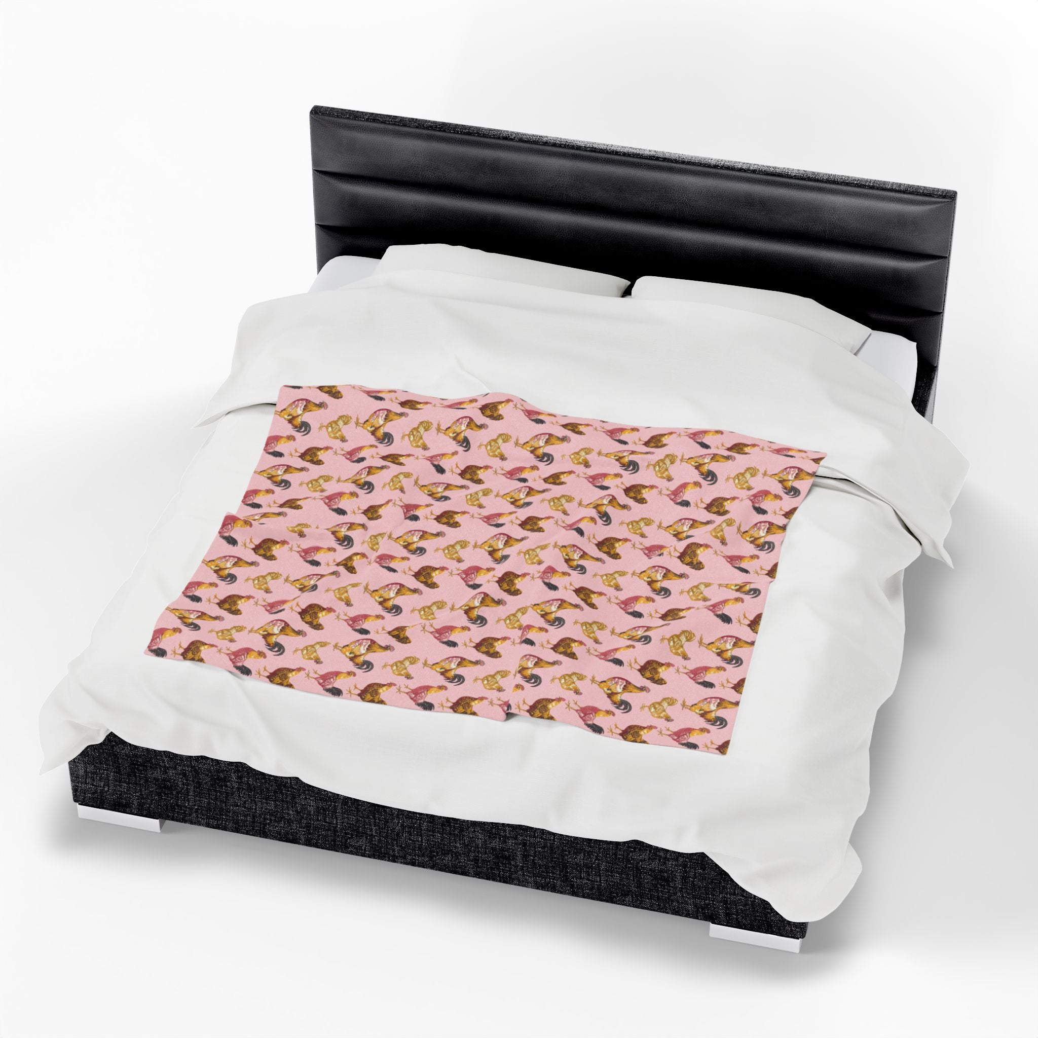 Pink Roosters Velveteen Plush Blanket Vintage Chicken Farmhouse Throw, Cozy Cottagecore Country Home Decor