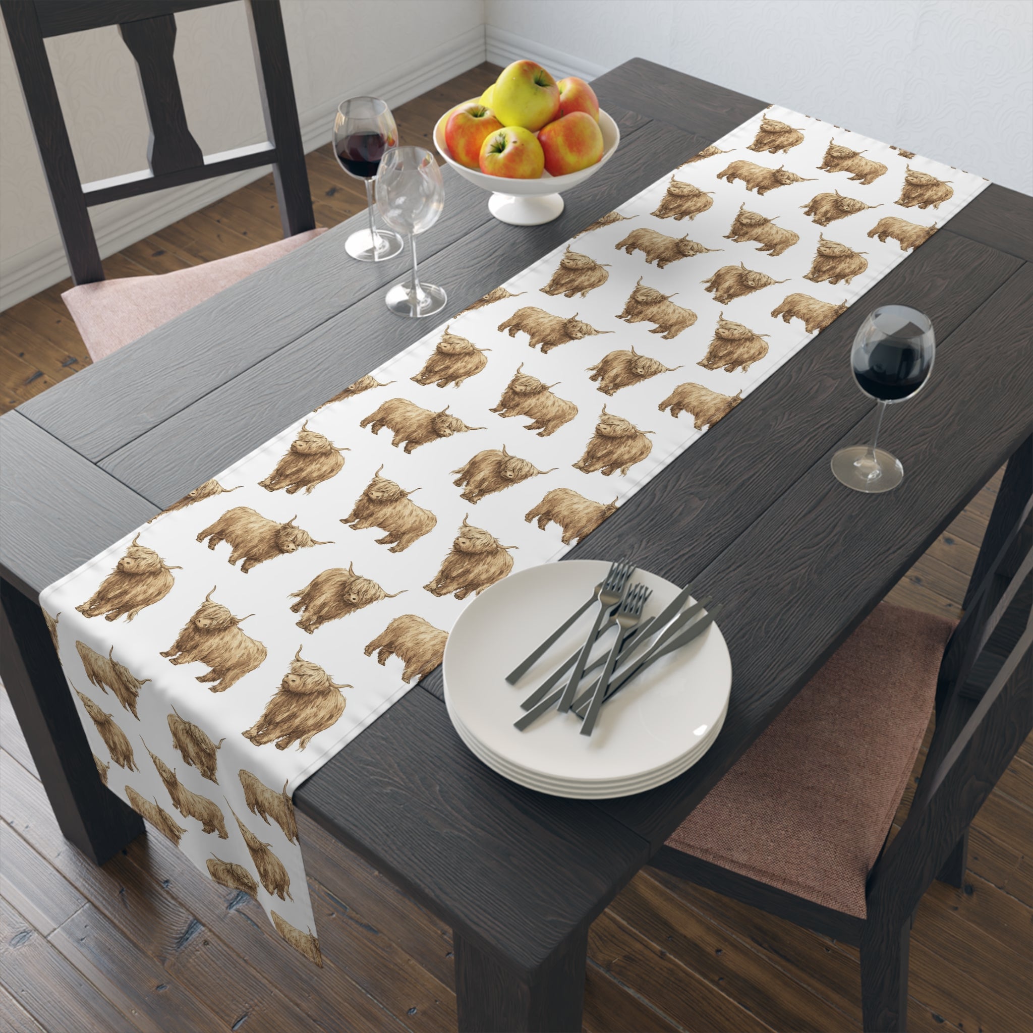 Highland Cow Farmhouse Table Runner | Rustic Farm Cattle Kitchen Decor | Country Cottagecore Dining Table Linen | Homestead Cow Table Decor