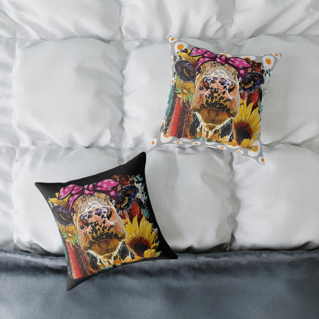 Funny Cow Throw Pillow | Farmhouse Cow Accent Pillow | Sunflower Highland Cow Decor Cushion | Rustic Country Home Decor | Gumpert Homestead