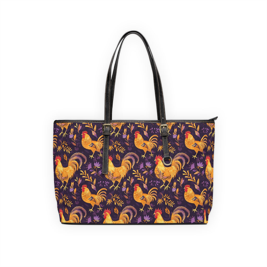 Purple & Gold Chicken Print Leather Shoulder Bag – Farmhouse Chicken Tote, Cute Hen Pattern Purse, Farm Life Handbag, Backyard Chicken Lover Bag