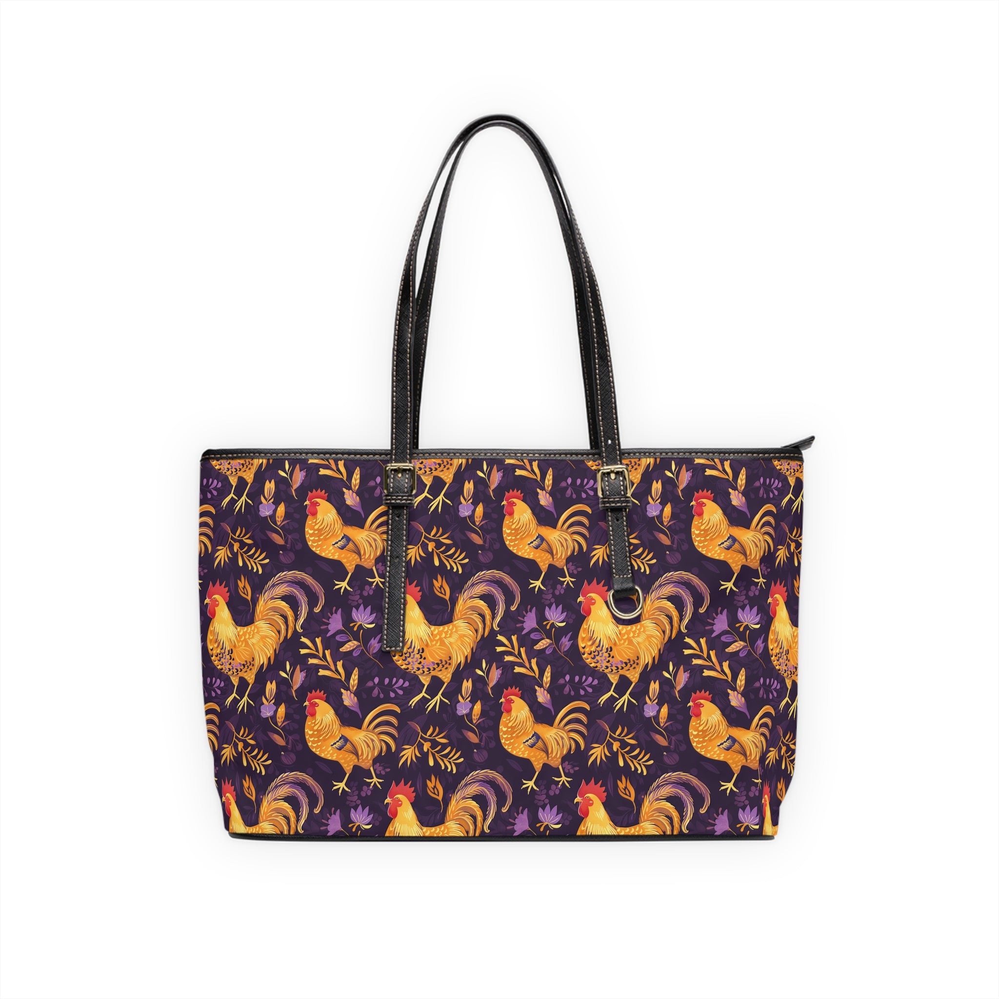 Purple & Gold Chicken Print Leather Shoulder Bag – Farmhouse Chicken Tote, Cute Hen Pattern Purse, Farm Life Handbag, Backyard Chicken Lover Bag