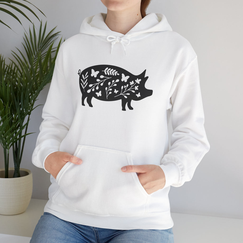 Floral Pig Silhouette Hoodie – Farm Life Sweatshirt, Pig Lover Pullover, Homestead Hoodie, Mini Pig Apparel, Farm Animal Hoodie, Country Living Unisex Hoodie