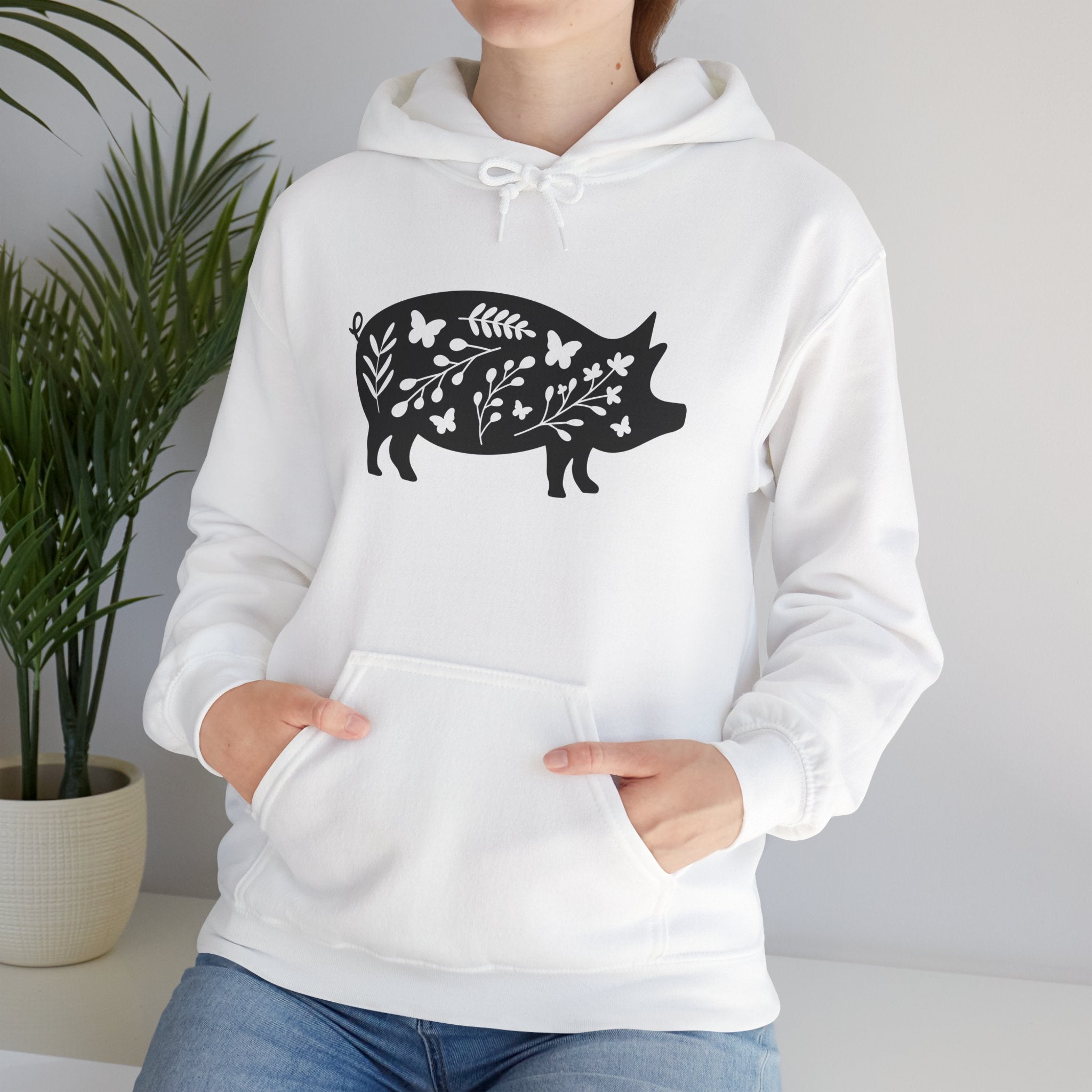 Floral Pig Silhouette Hoodie – Farm Life Sweatshirt, Pig Lover Pullover, Homestead Hoodie, Mini Pig Apparel, Farm Animal Hoodie, Country Living Unisex Hoodie