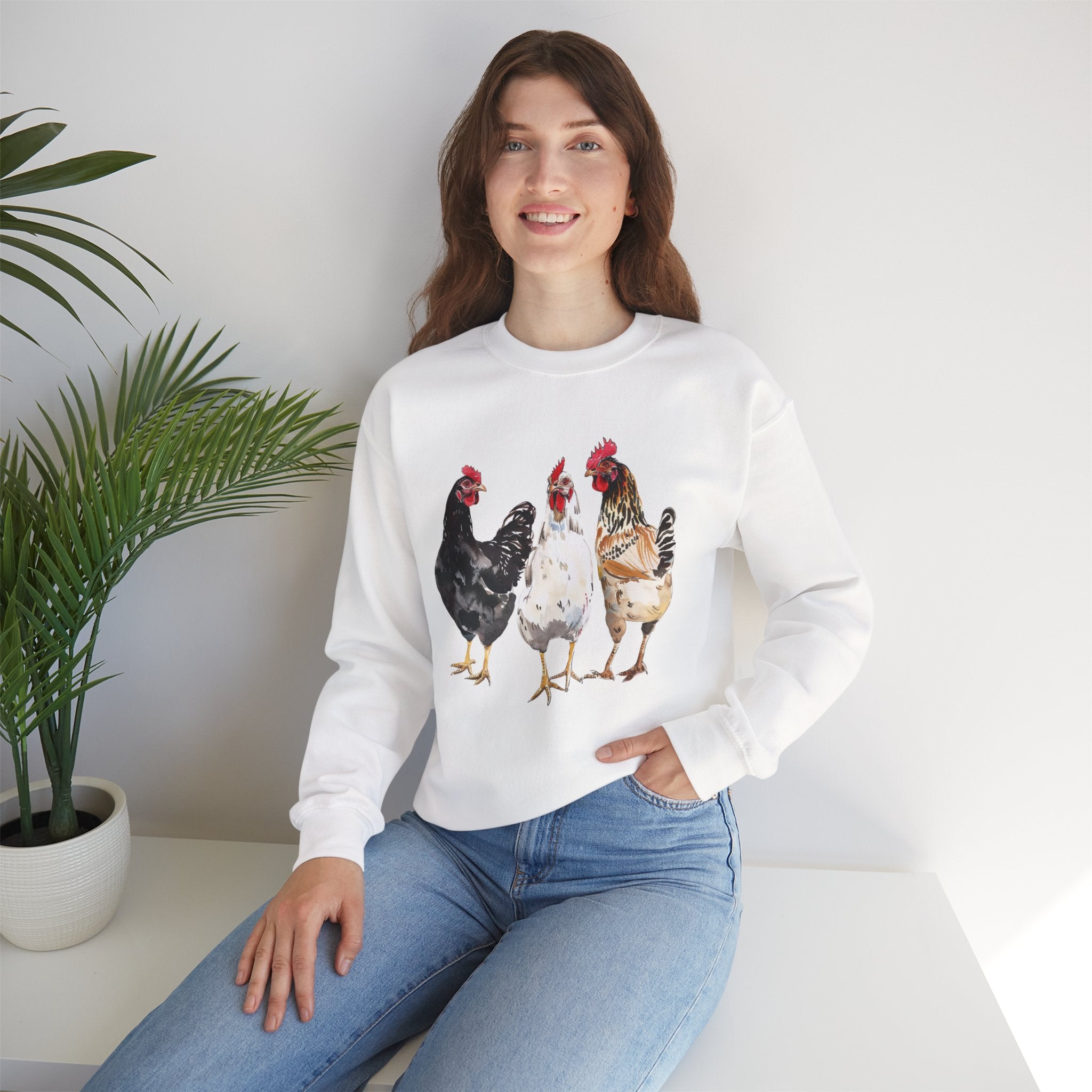 Chicken Flock Sweatshirt – Farmhouse Hen Lineup Crewneck, Cozy Homestead Chicken Mom Pullover, Unisex Gildan 18000