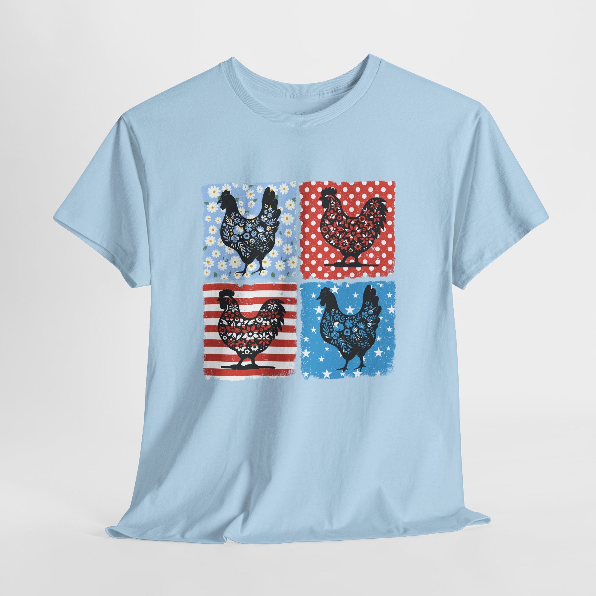 Patchwork Chicken Farm T-Shirt | Farmhouse Hen Graphic Tee | Patriotic Chicken Shirt | Country Homestead Apparel | Backyard Chicken Lover Gift