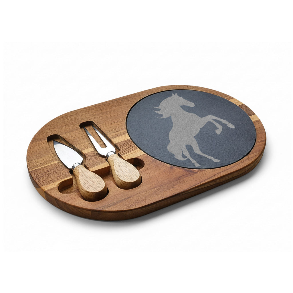 Horse Engraved Charcuterie Board Set | Slate Cheese Board with Knives | Farmhouse Equestrian Serving Board | Rustic Ranch Kitchen Gift