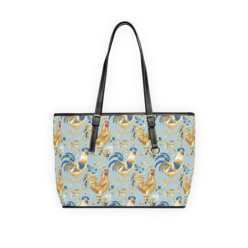 Light Blue Chicken Print Leather Shoulder Bag – Farmhouse Chicken Tote, Cute Hen Pattern Purse, Farm Life Handbag, Backyard Chicken Lover Bag