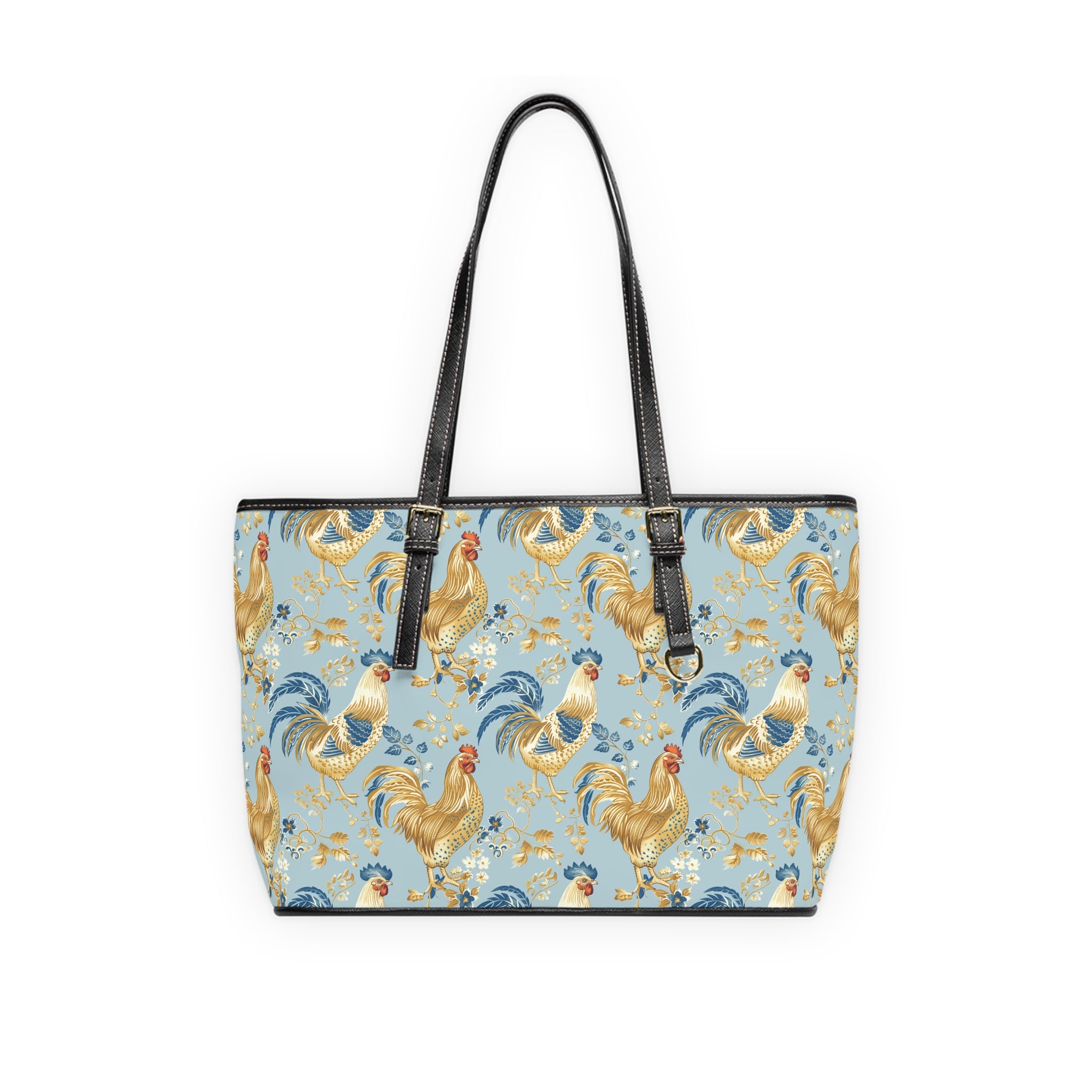 Light Blue Chicken Print Leather Shoulder Bag – Farmhouse Chicken Tote, Cute Hen Pattern Purse, Farm Life Handbag, Backyard Chicken Lover Bag