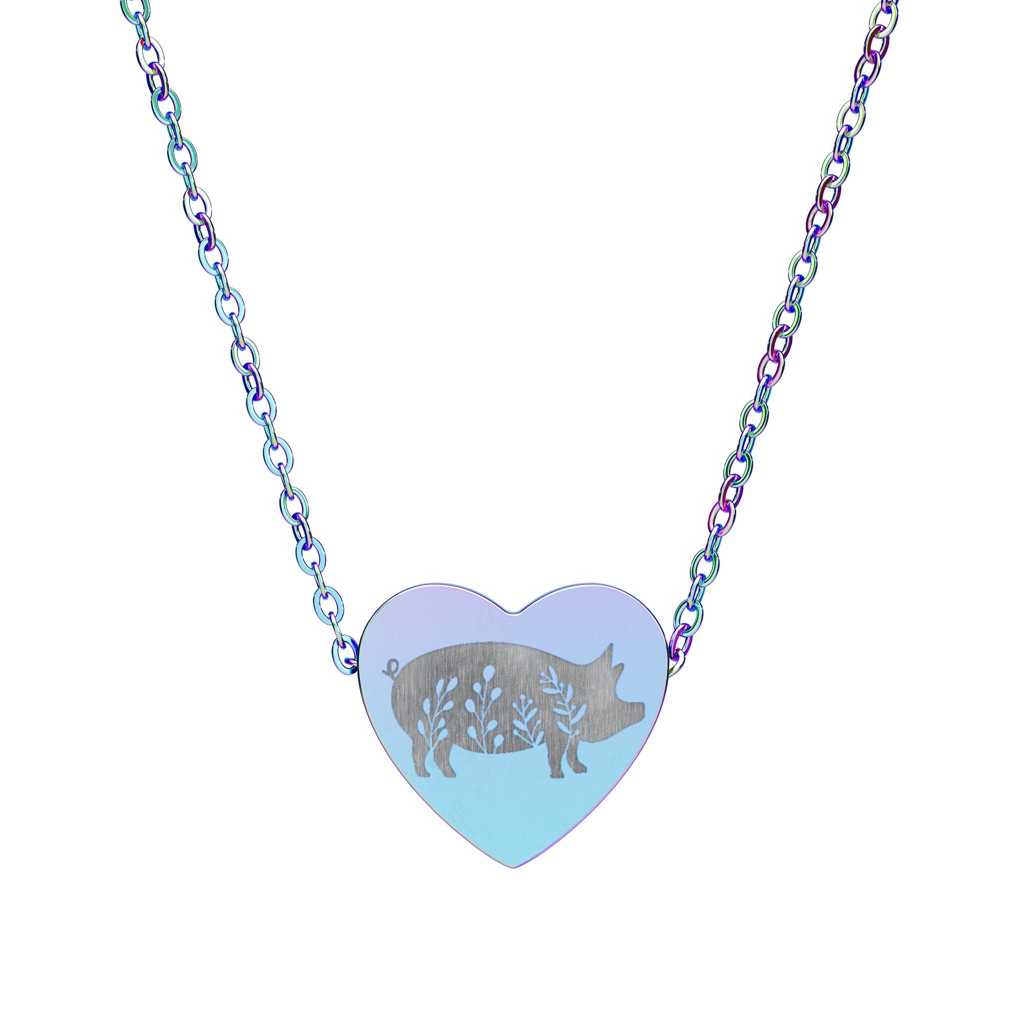 Floral Pig Heart Necklace – Farm Pig Jewelry, Pig Lover Gift, Homestead Necklace, Mini Pig Pendant, Farm Animal Jewelry, Stainless Steel Engraved Heart Necklace