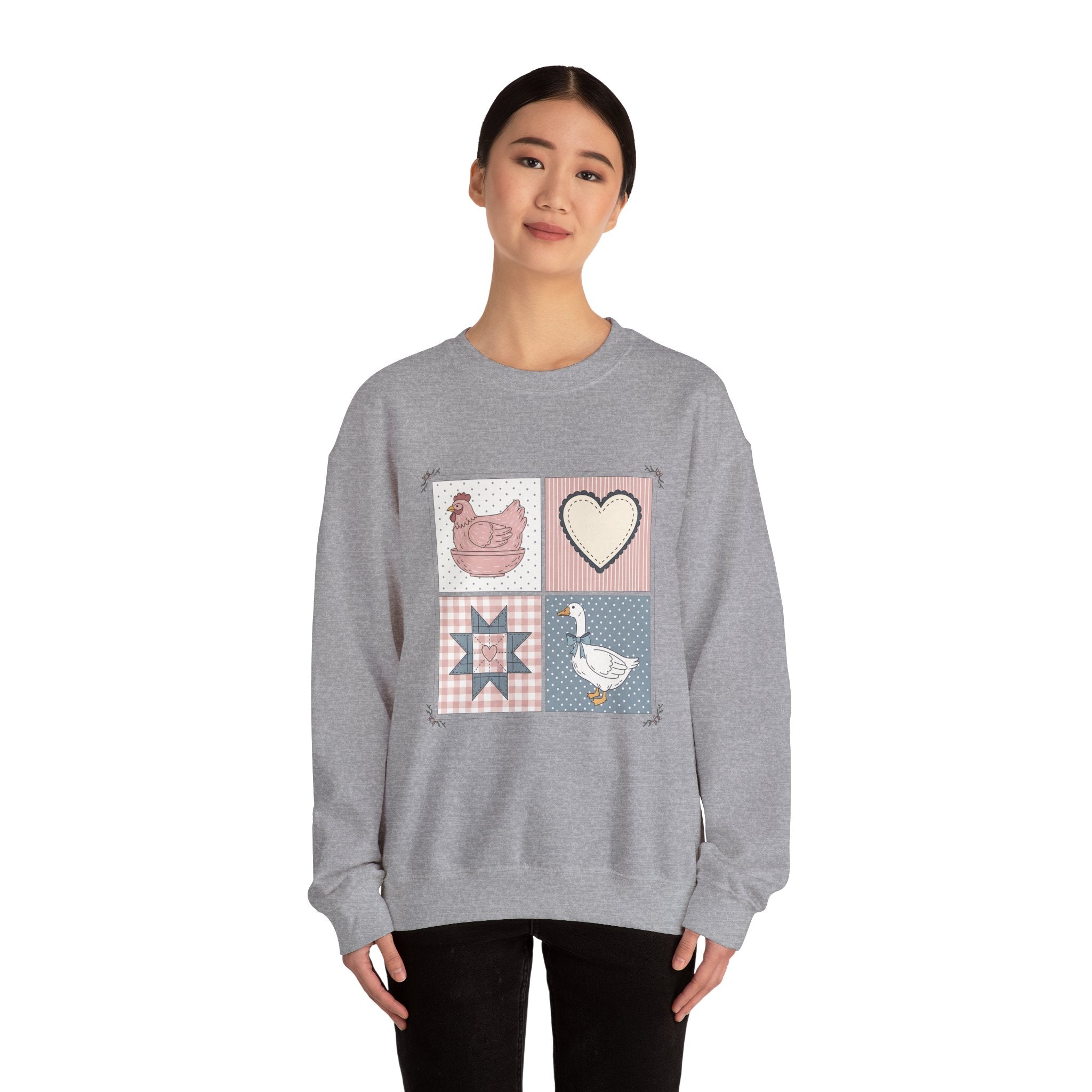 Cottagecore Chicken Patchwork Sweatshirt – Farmhouse Chicken & Goose Crewneck, Cozy Country Homestead Pullover