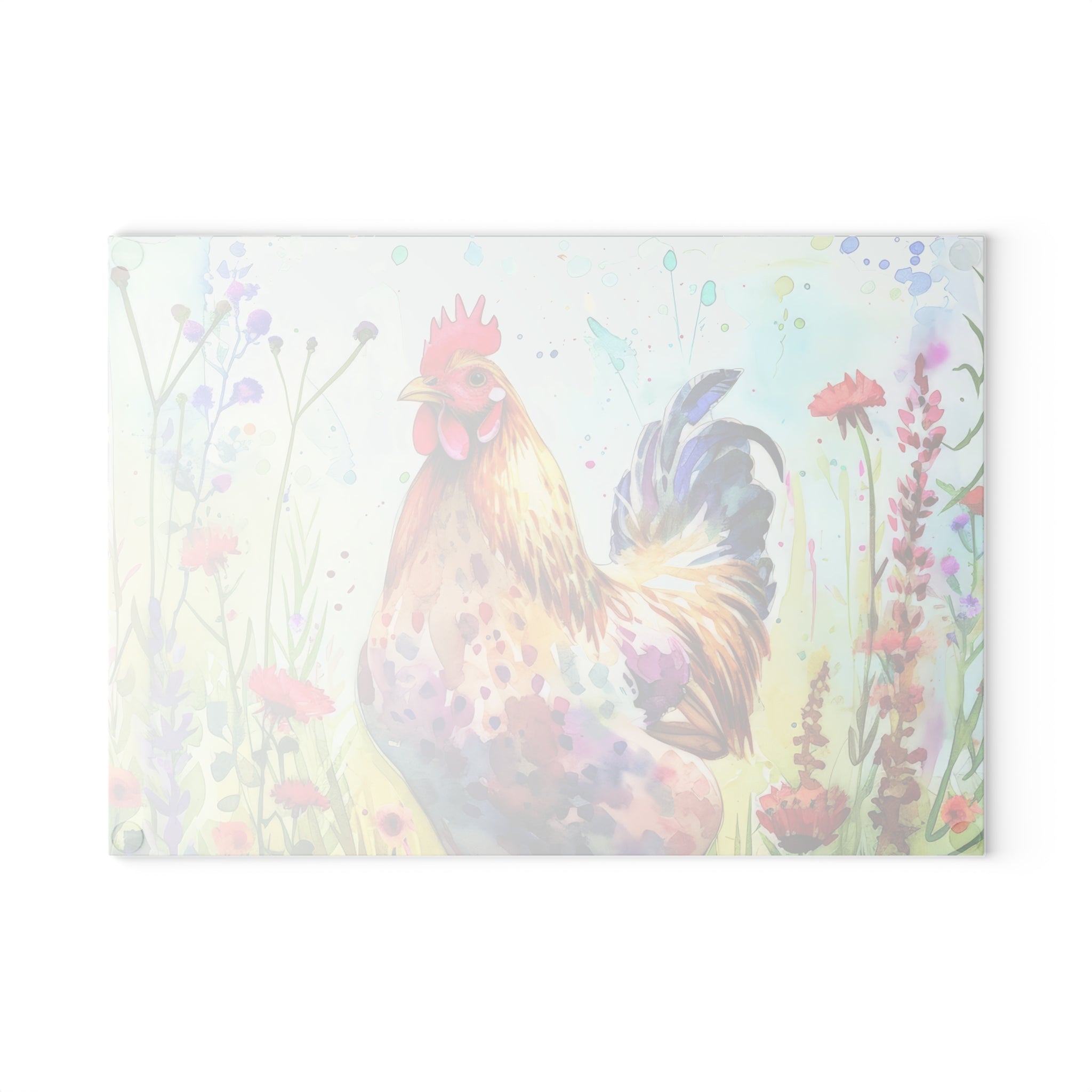 Floral Chicken Glass Cutting Board – Farmhouse Kitchen Decor, Colorful Chicken Counter Protector, Homestead Gift