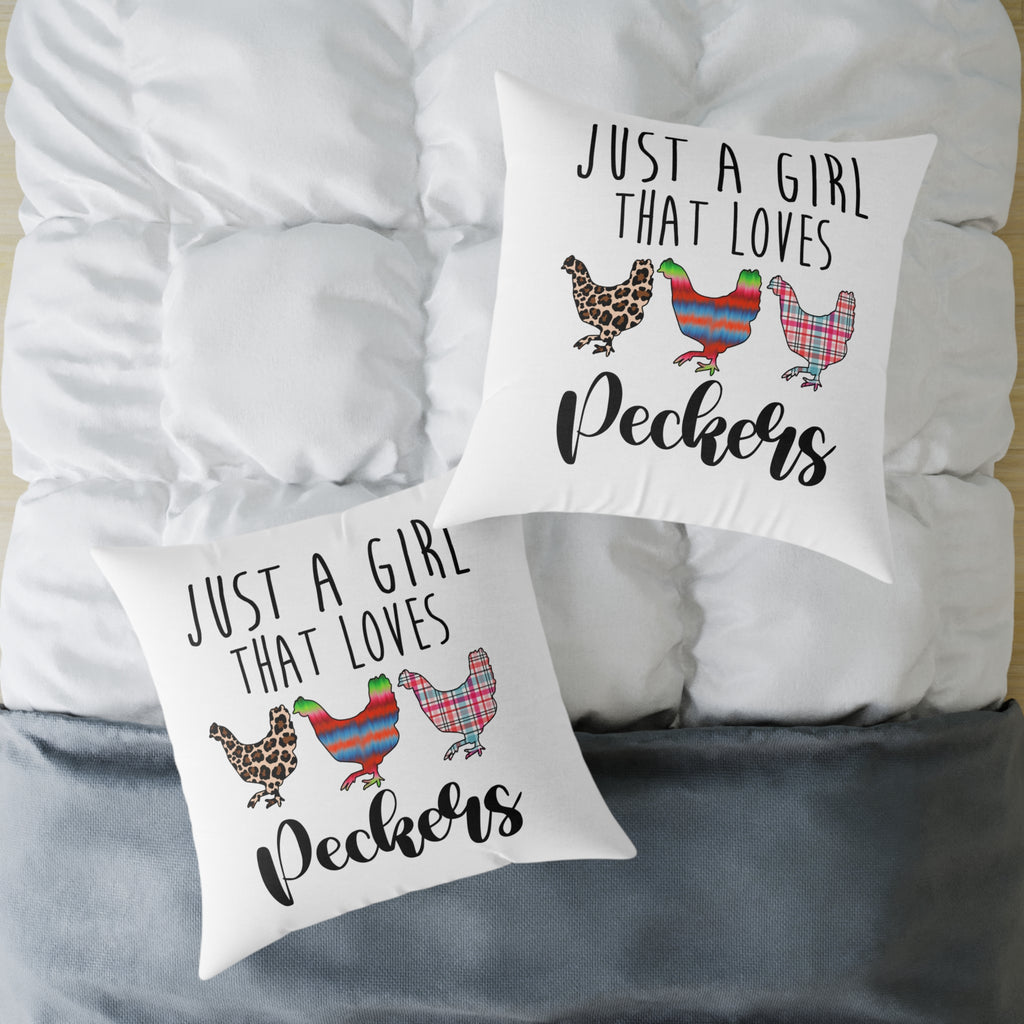 “Just a Girl That Loves Peckers” Throw Pillow – Funny Chicken Farmhouse Decor Cushion, Cute Homestead Accent Pillow