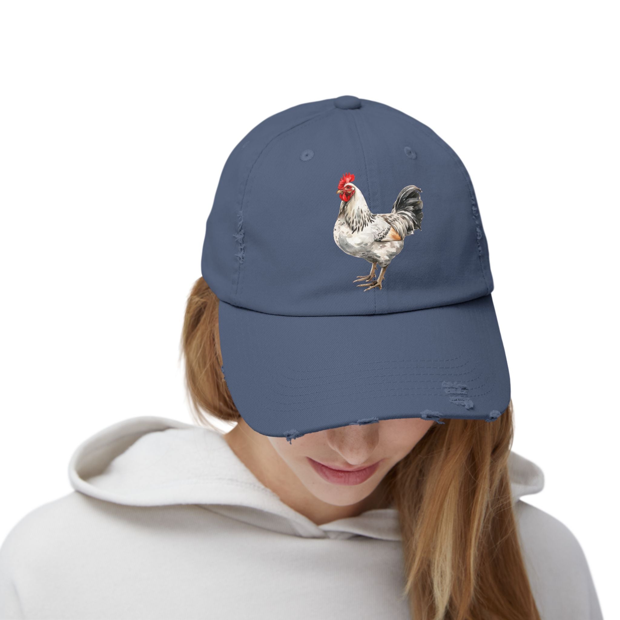Speckled White Rooster Distressed Baseball Cap – Light Sussex Style Chicken Hat, Vintage Farm Rooster Cap, Backyard Chicken Keeper Gift