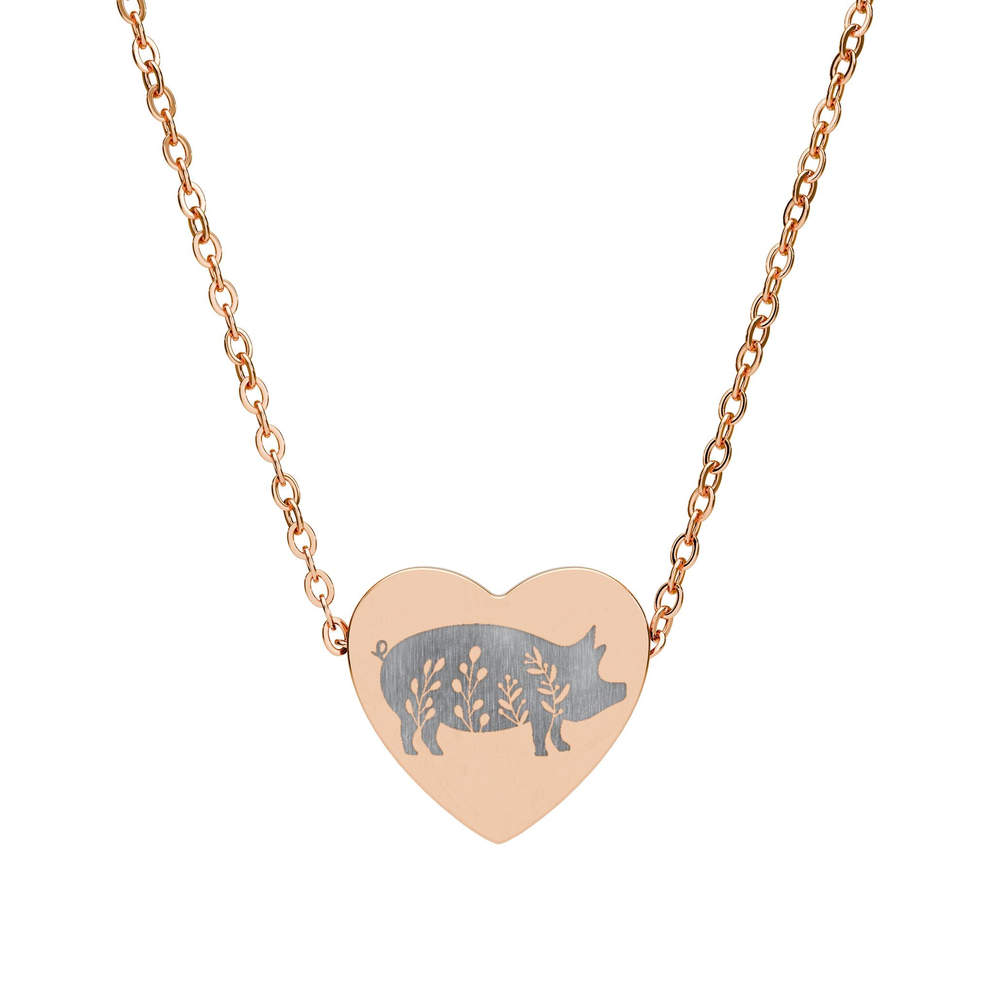 Floral Pig Heart Necklace – Farm Pig Jewelry, Pig Lover Gift, Homestead Necklace, Mini Pig Pendant, Farm Animal Jewelry, Stainless Steel Engraved Heart Necklace