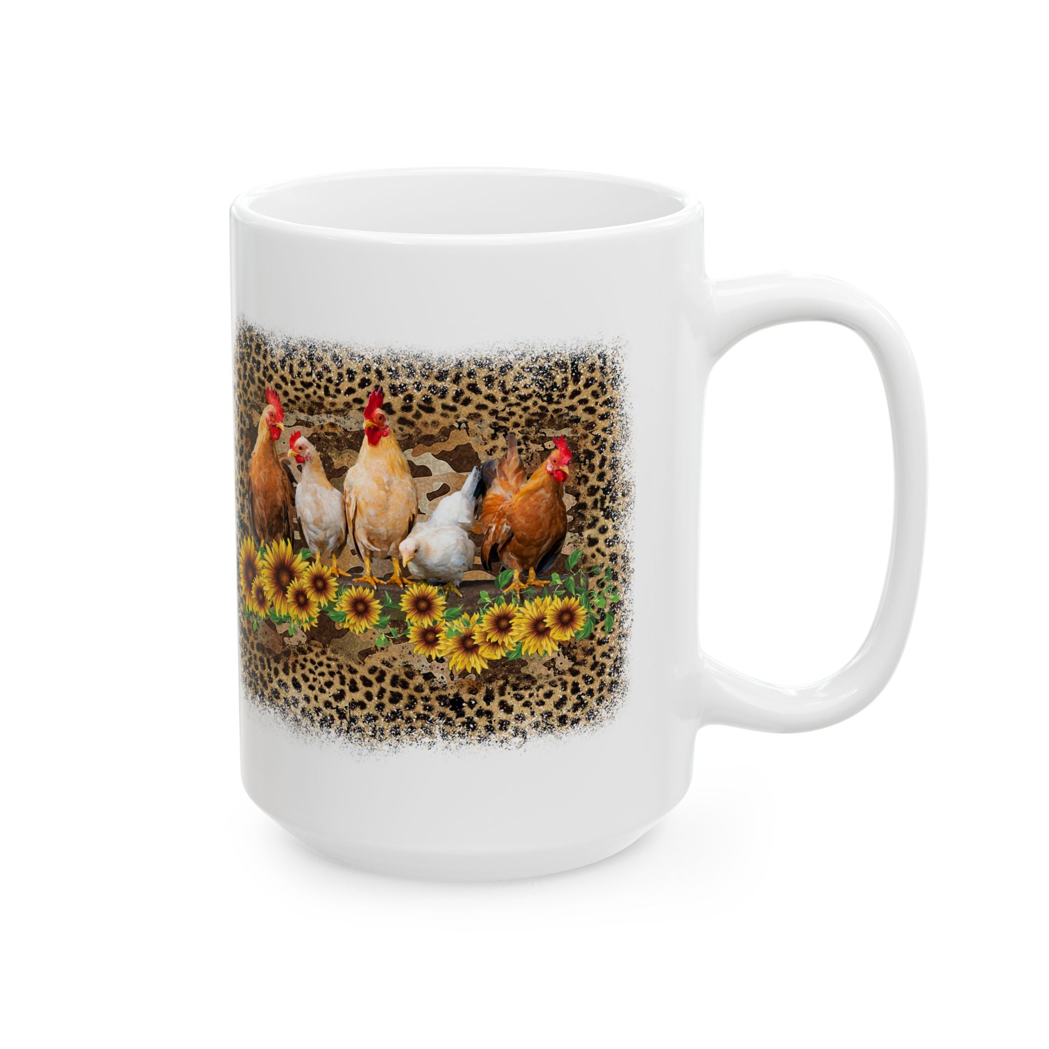 Chicken Flock Sunflower Ceramic Mug – Farmhouse Chicken Mom Coffee Cup, Country Homestead Mug (11oz, 15oz)
