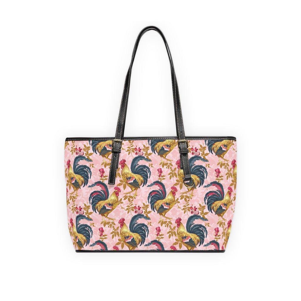 Pink Floral Rooster Chicken Print Leather Shoulder Bag – Farmhouse Chicken Tote, Cute Hen Pattern Purse, Farm Life Handbag, Backyard Chicken Lover Bag