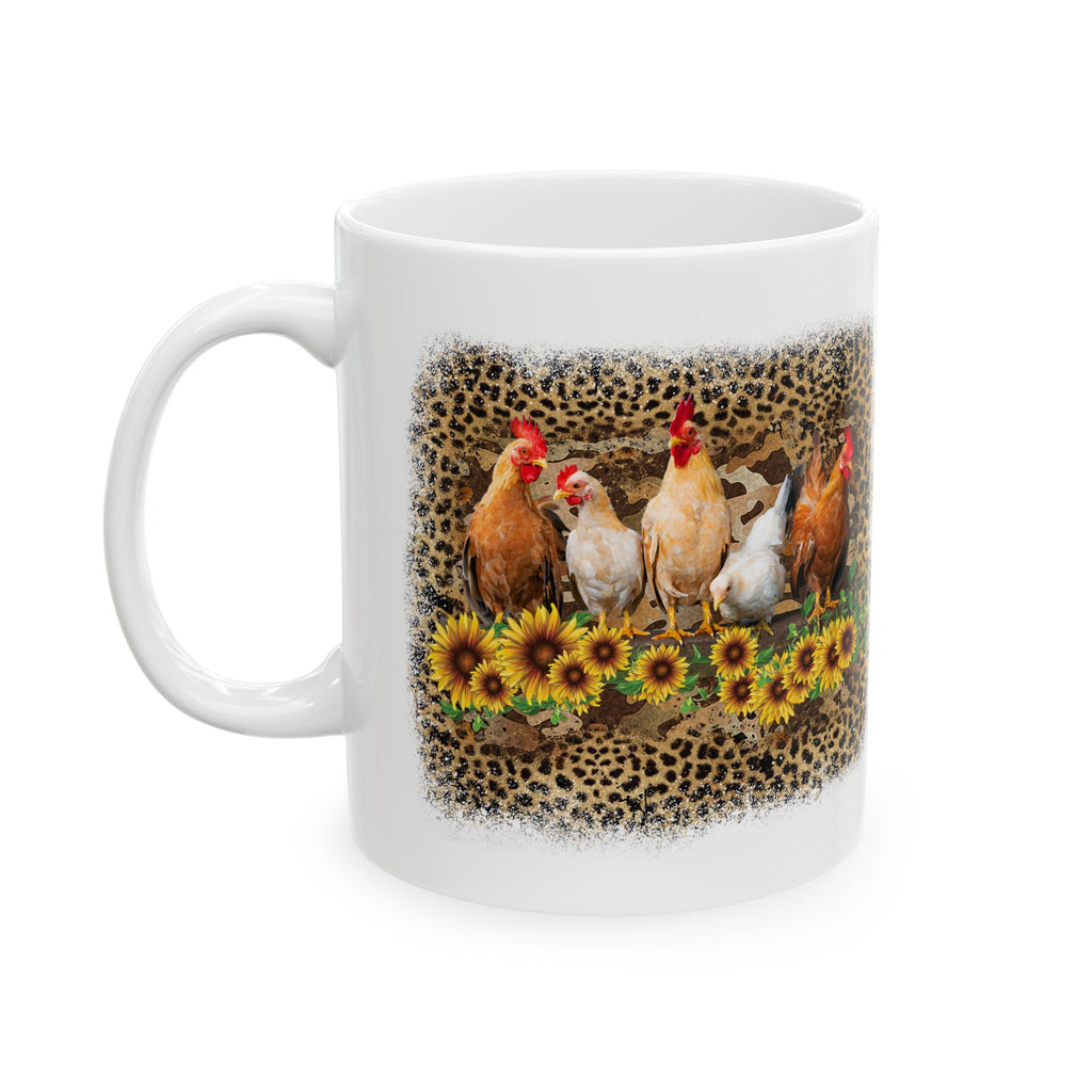Chicken Flock Sunflower Ceramic Mug – Farmhouse Chicken Mom Coffee Cup, Country Homestead Mug (11oz, 15oz)