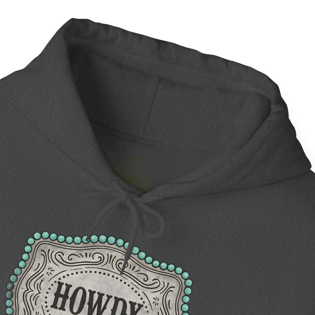 Howdy Turquoise Beaded Rodeo Belt Buckle Hoodie – Unisex Farmhouse Western Sweatshirt | Country Homestead Apparel