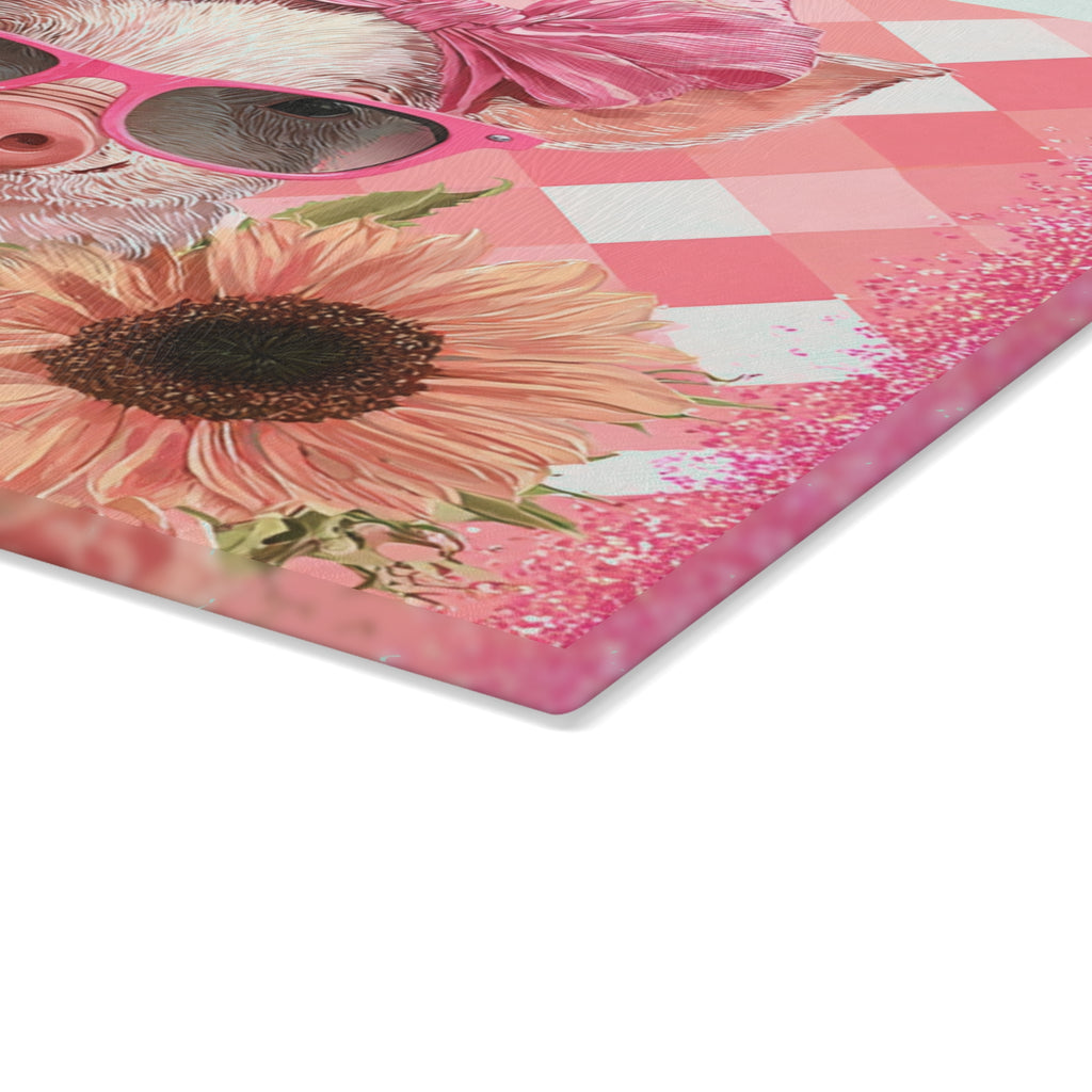 Floral Pig Glass Cutting Board – Cute Farm Pig Kitchen Decor, Sunflower Pig Cutting Board, Farmhouse Country Kitchen Gift
