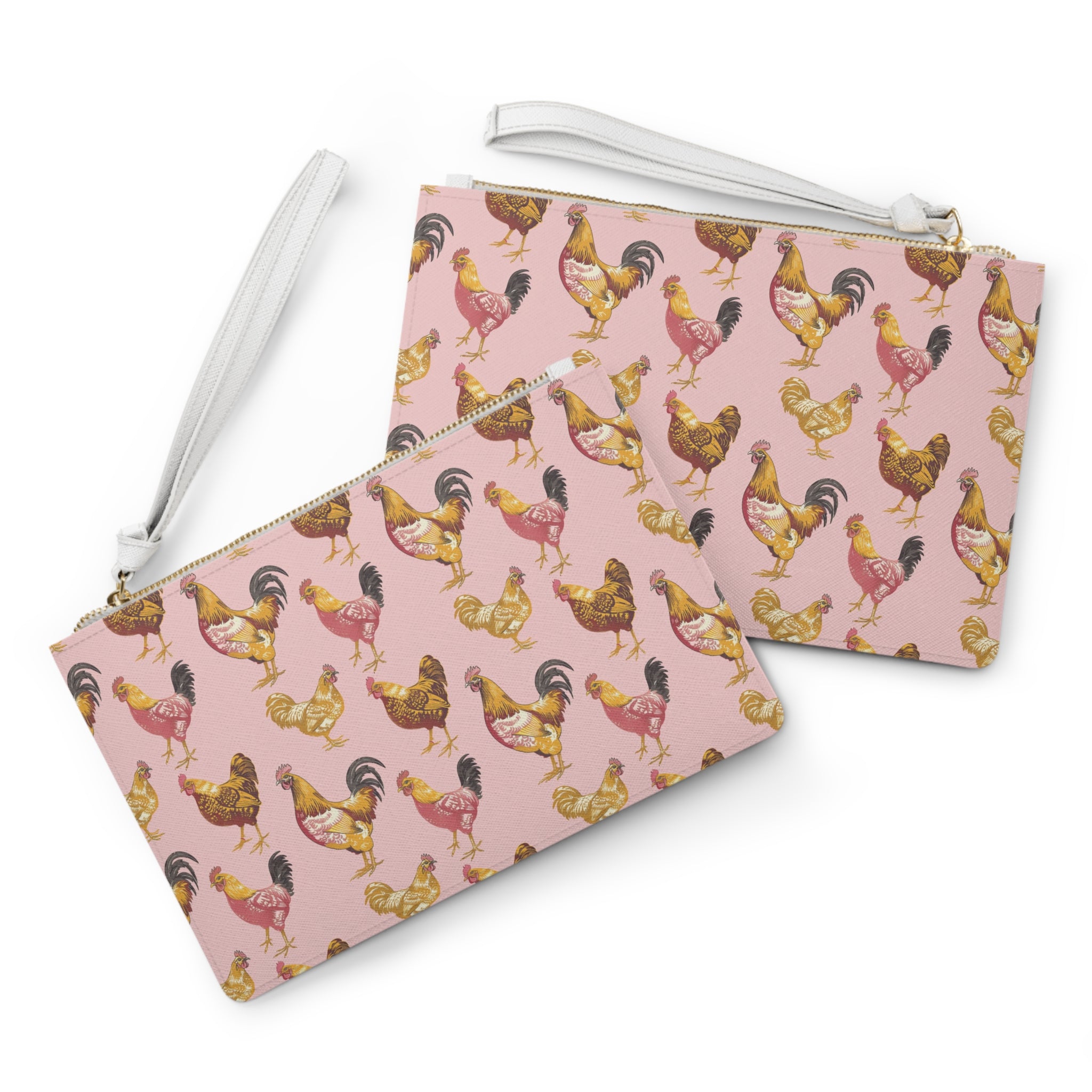 Pink Chicken Print Clutch Bag | Cottagecore Farmhouse Wristlet Purse | Vintage Hen Makeup Bag | Country Chicken Zipper Pouch | Homestead Gift