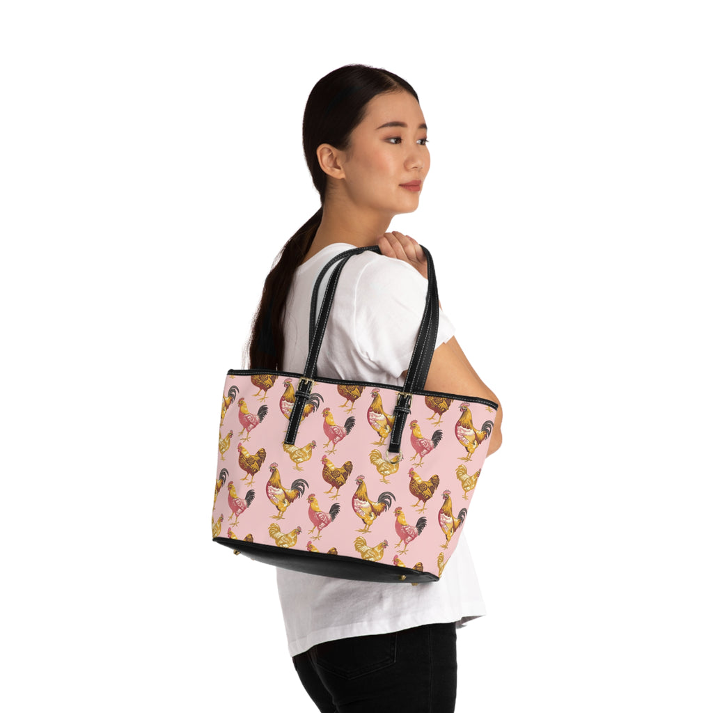 Pink & Gold Chicken Print PU Leather Shoulder Bag – Farmhouse Chicken Tote, Cute Hen Pattern Purse, Farm Life Handbag, Backyard Chicken Lover Bag