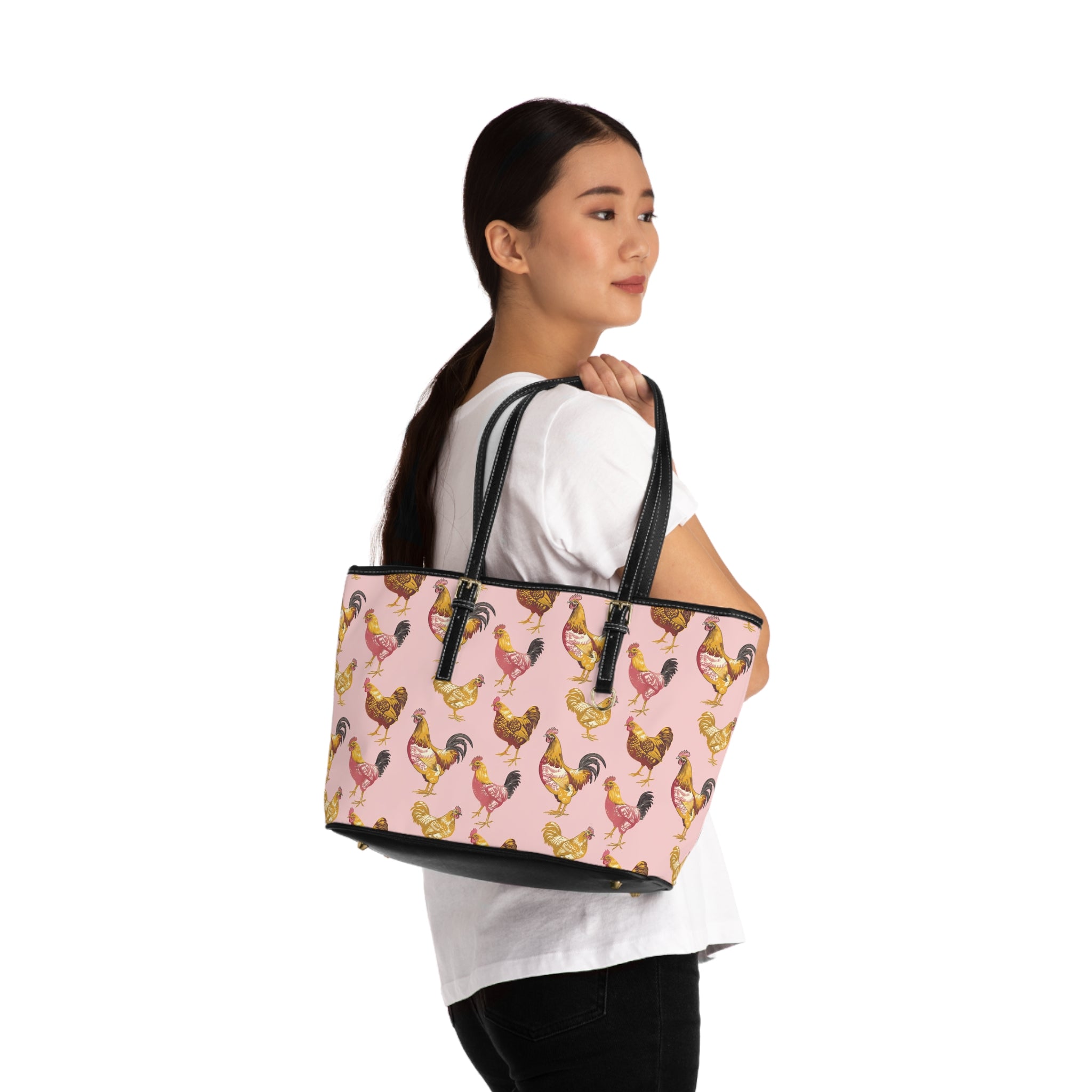 Pink & Gold Chicken Print PU Leather Shoulder Bag – Farmhouse Chicken Tote, Cute Hen Pattern Purse, Farm Life Handbag, Backyard Chicken Lover Bag