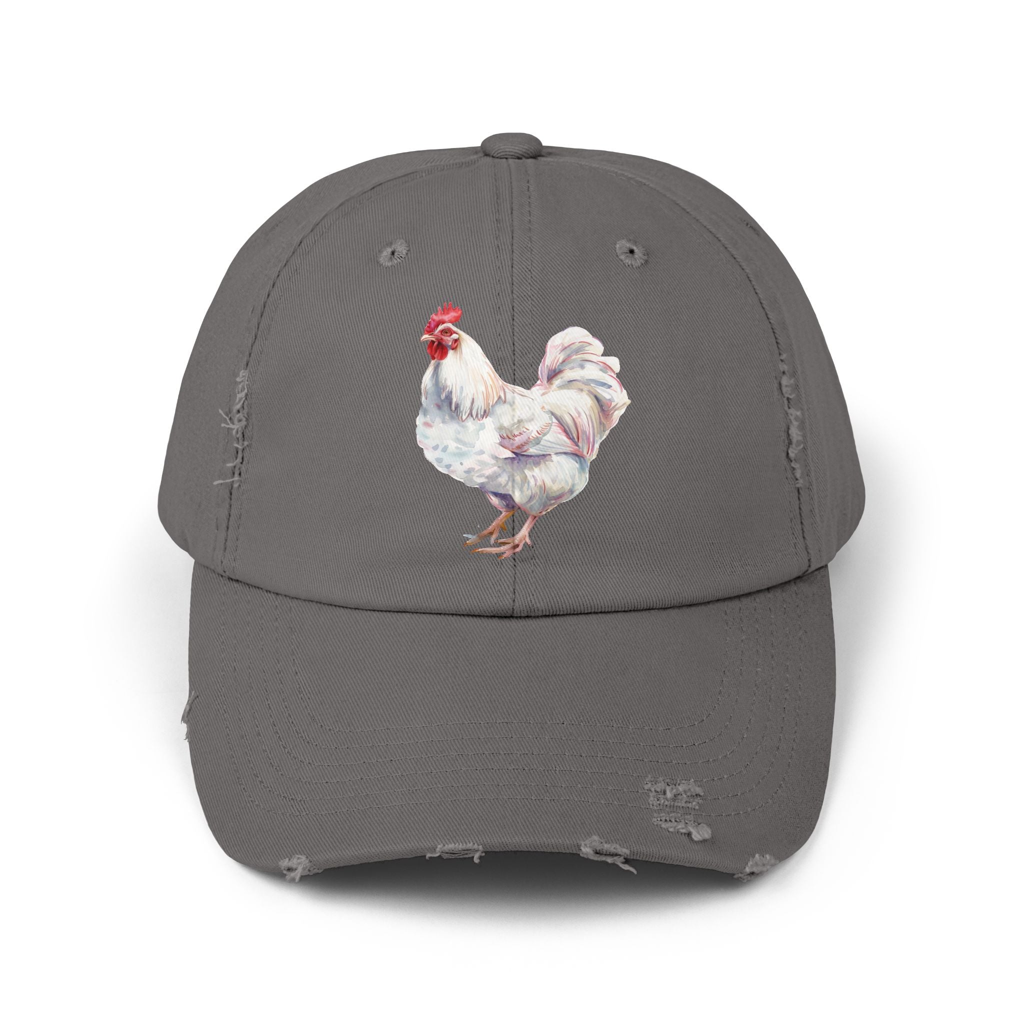 White Rooster Distressed Baseball Cap – Vintage Chicken Hat, Leghorn-Style Rooster, Farmhouse Poultry Cap, Backyard Chicken Keeper Gift