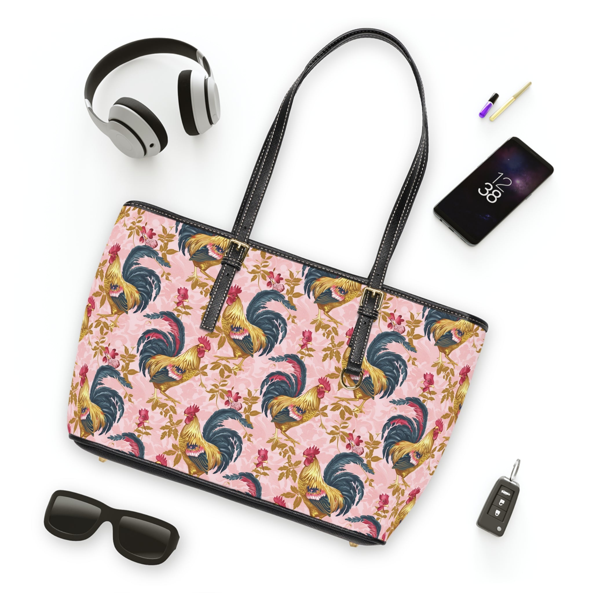 Pink Floral Rooster Chicken Print Leather Shoulder Bag – Farmhouse Chicken Tote, Cute Hen Pattern Purse, Farm Life Handbag, Backyard Chicken Lover Bag