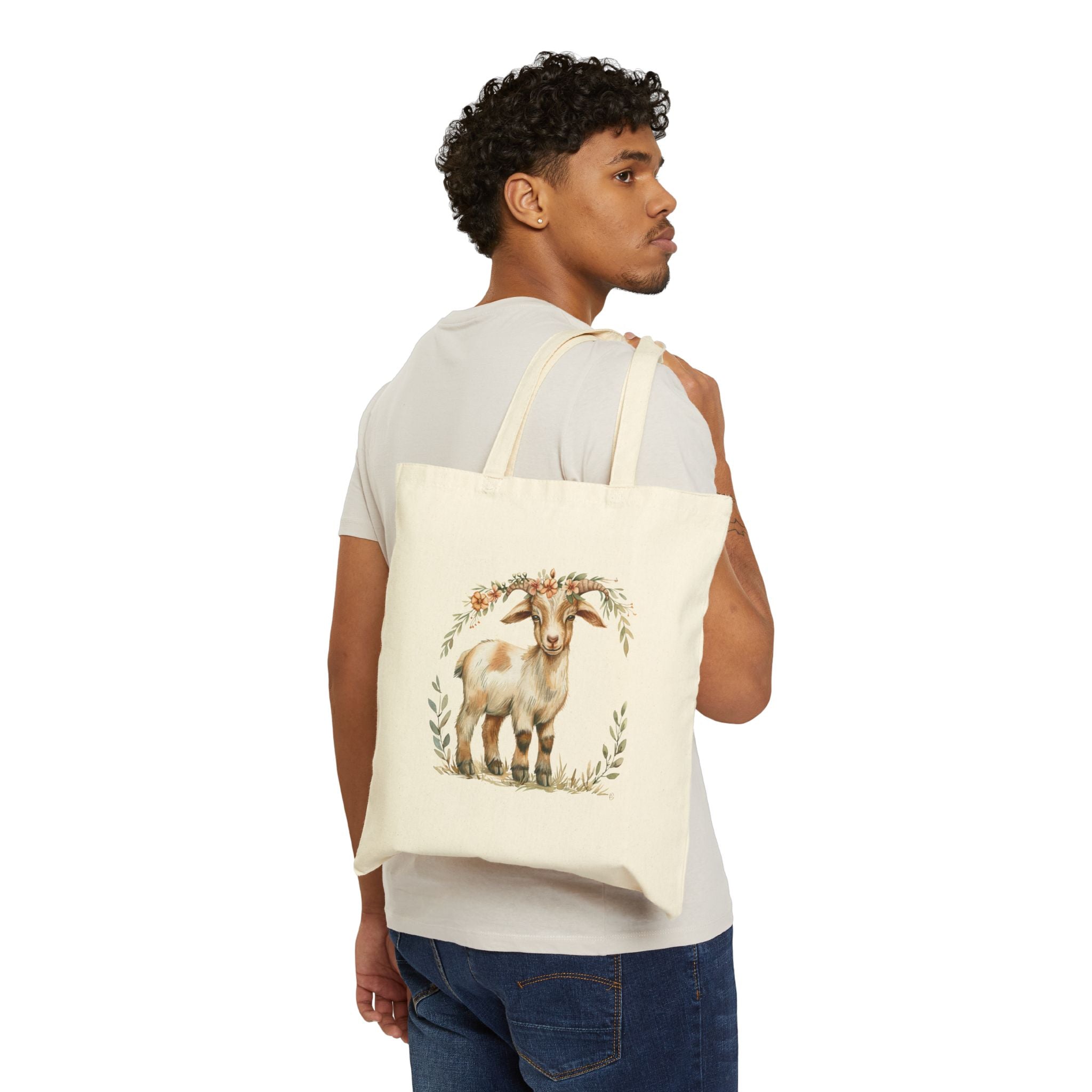 Floral Goat Canvas Tote Bag – Cottagecore Goat Mom Market Bag, Farmhouse Goat Lover Reusable Tote