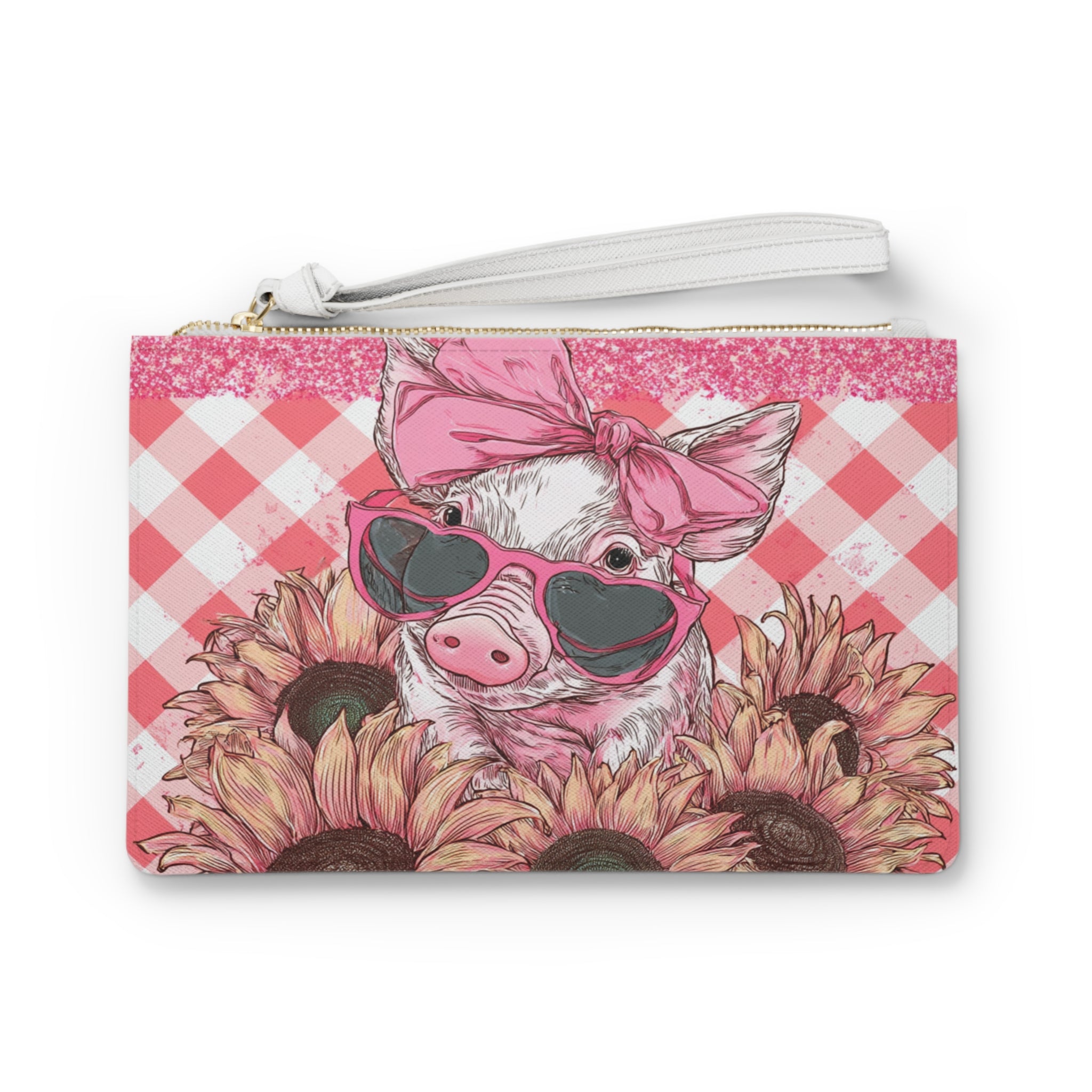 Pink Gingham Pig Clutch Bag | Cute Farm Pig Wristlet Purse | Farmhouse Makeup Bag | Sunflower Pig Zipper Pouch | Cottagecore Homestead Gift