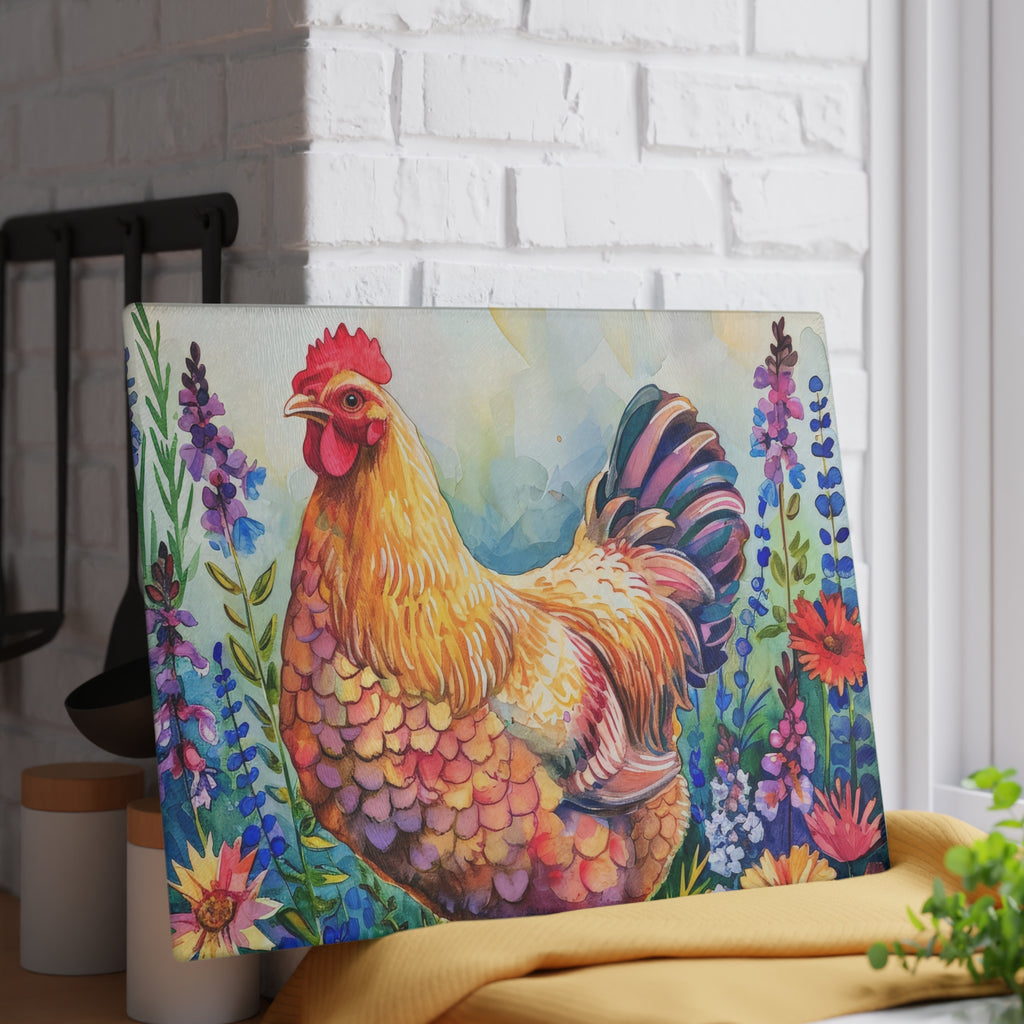 Watercolor Floral Chicken Cutting Board – Farmhouse Glass Kitchen Board for Chicken Lovers