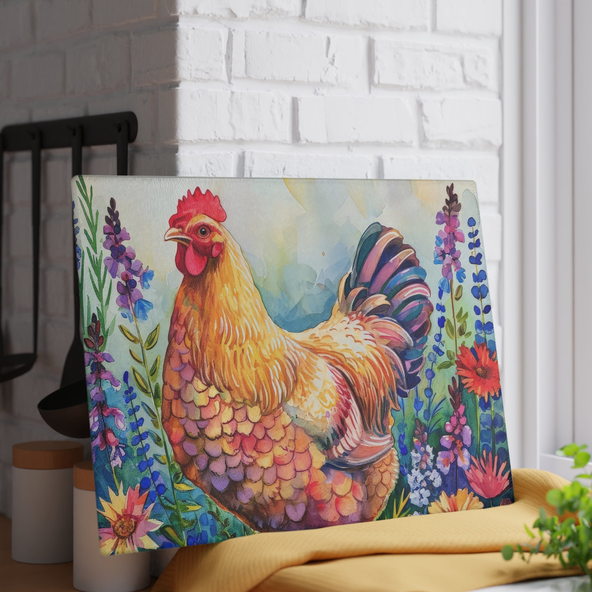 Watercolor Floral Chicken Cutting Board – Farmhouse Glass Kitchen Board for Chicken Lovers
