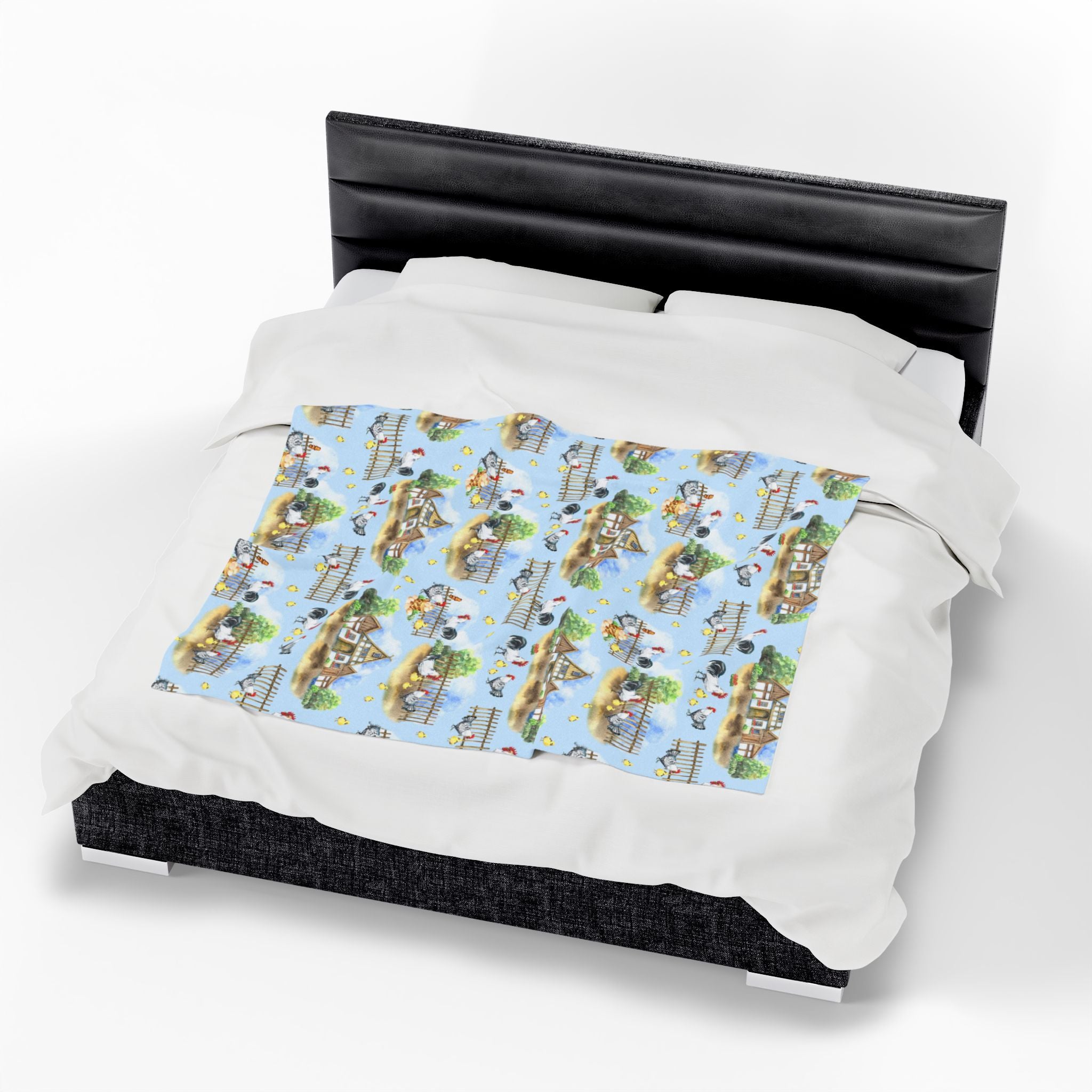 Farm Scene Velveteen Plush Blanket – Cozy Cottagecore Village Throw, Country Homestead Farmhouse Home Decor