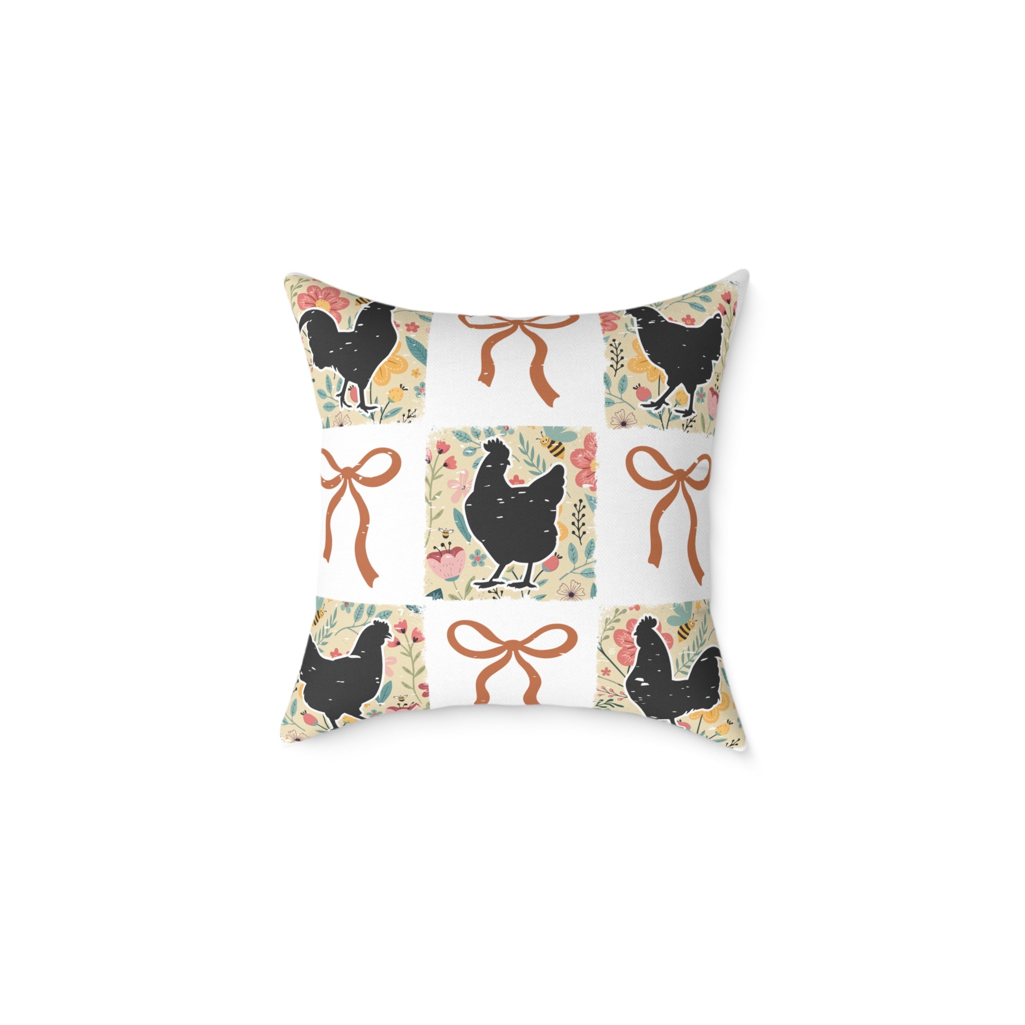 Cottagecore Chicken Patchwork Throw Pillow – Farmhouse Chicken & Bow Decor Cushion, Cozy Country Homestead Accent Pillow