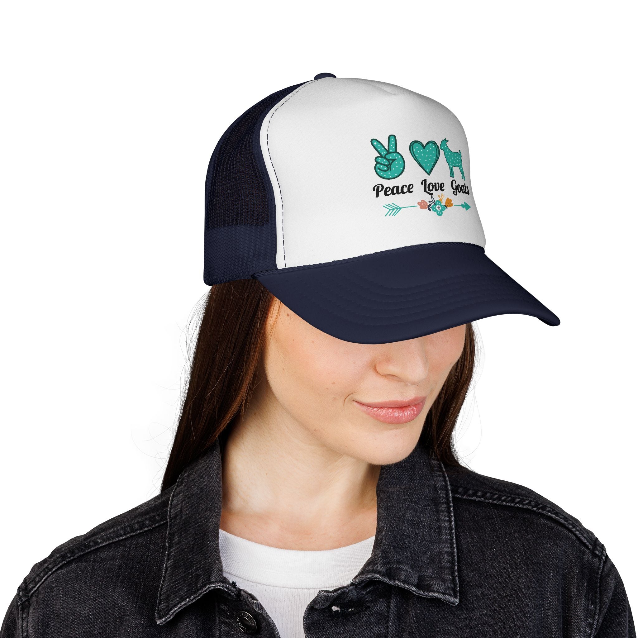 Peace Love Goats Trucker Hat – Goat Mom Hat, Farm Life Snapback, Homestead Goat Lover Cap