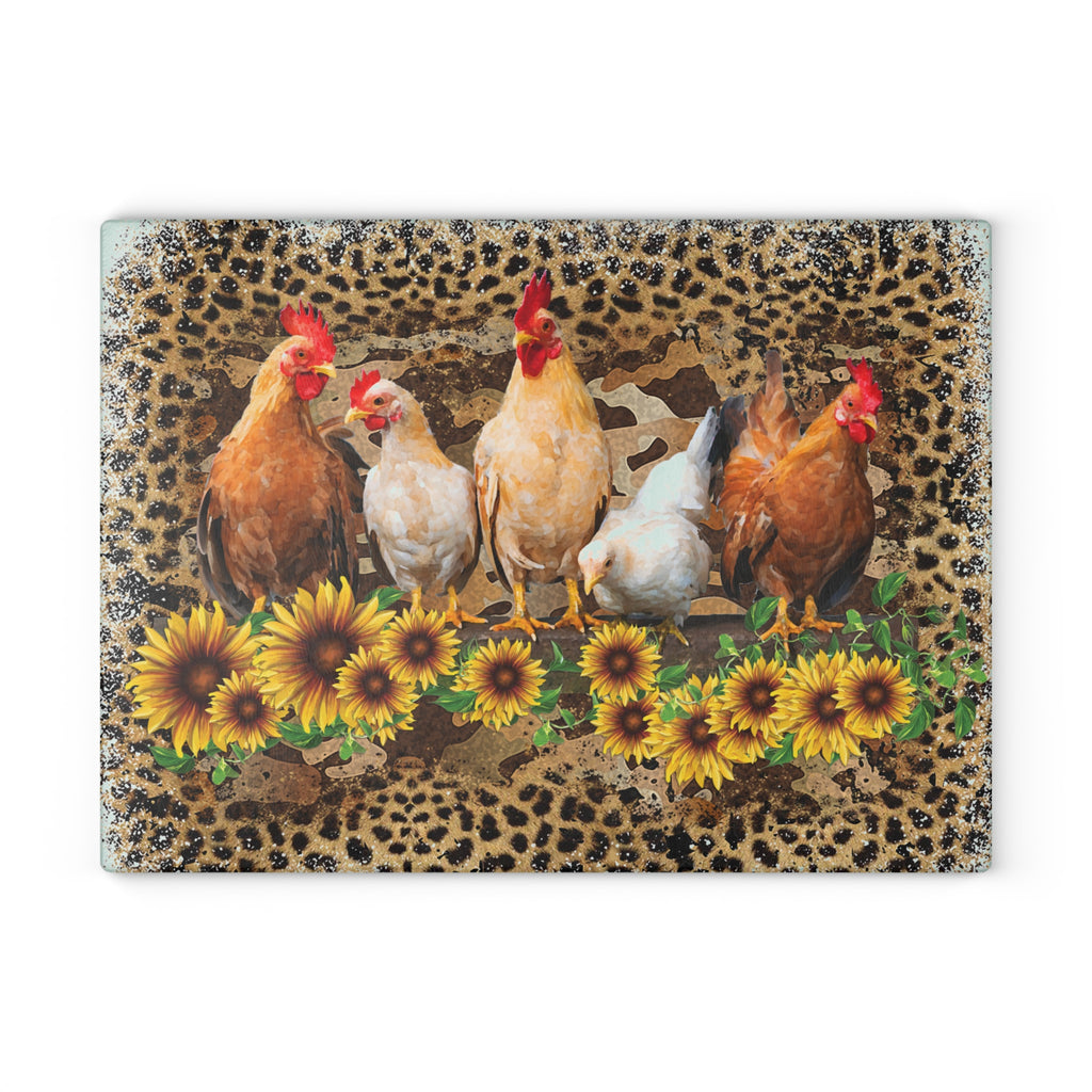 Chicken Flock Glass Cutting Board – Farmhouse Sunflower Chicken Kitchen Decor, Leopard Print Farm Cutting Board, Rustic Country Homestead Kitchen Gift