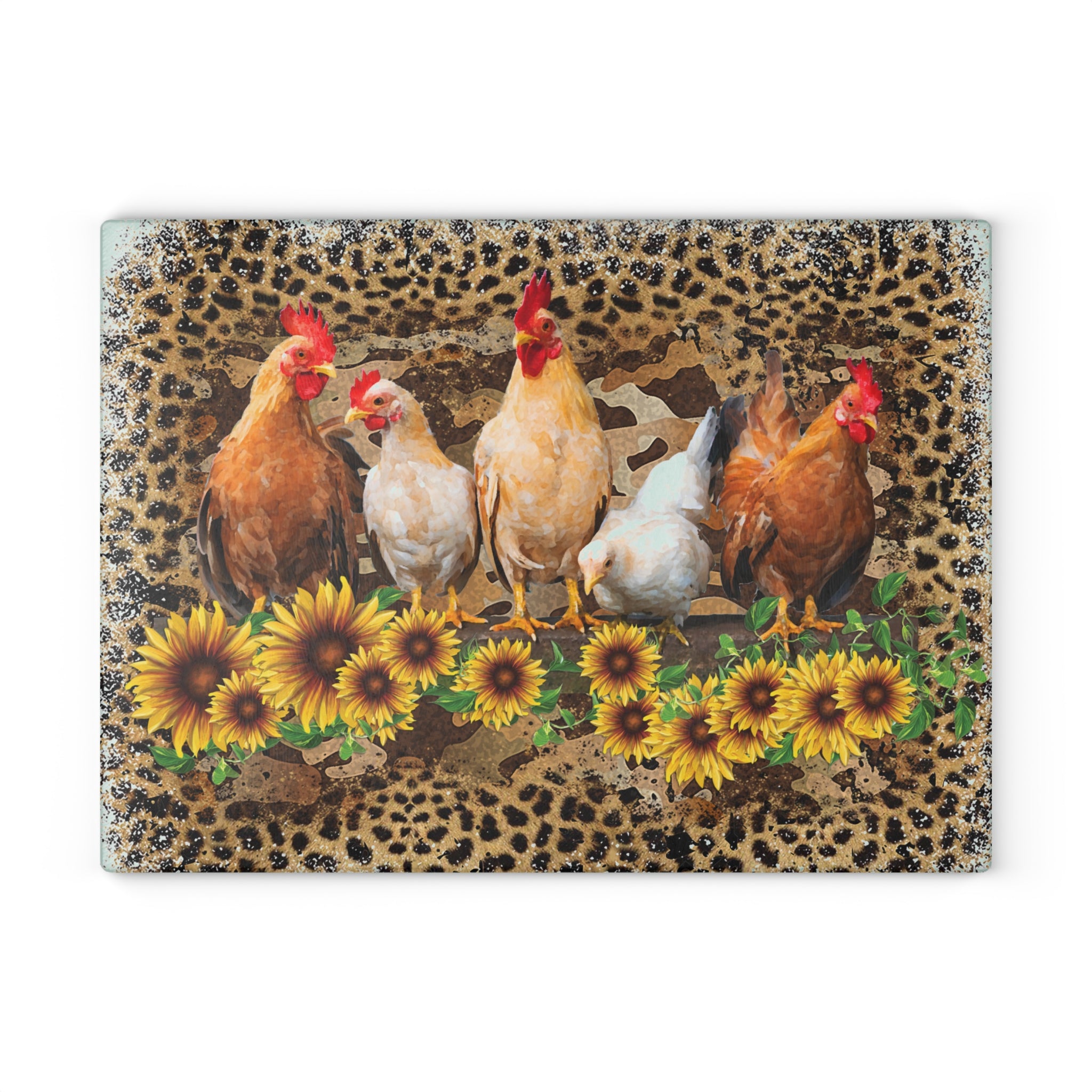 Chicken Flock Glass Cutting Board – Farmhouse Sunflower Chicken Kitchen Decor, Leopard Print Farm Cutting Board, Rustic Country Homestead Kitchen Gift