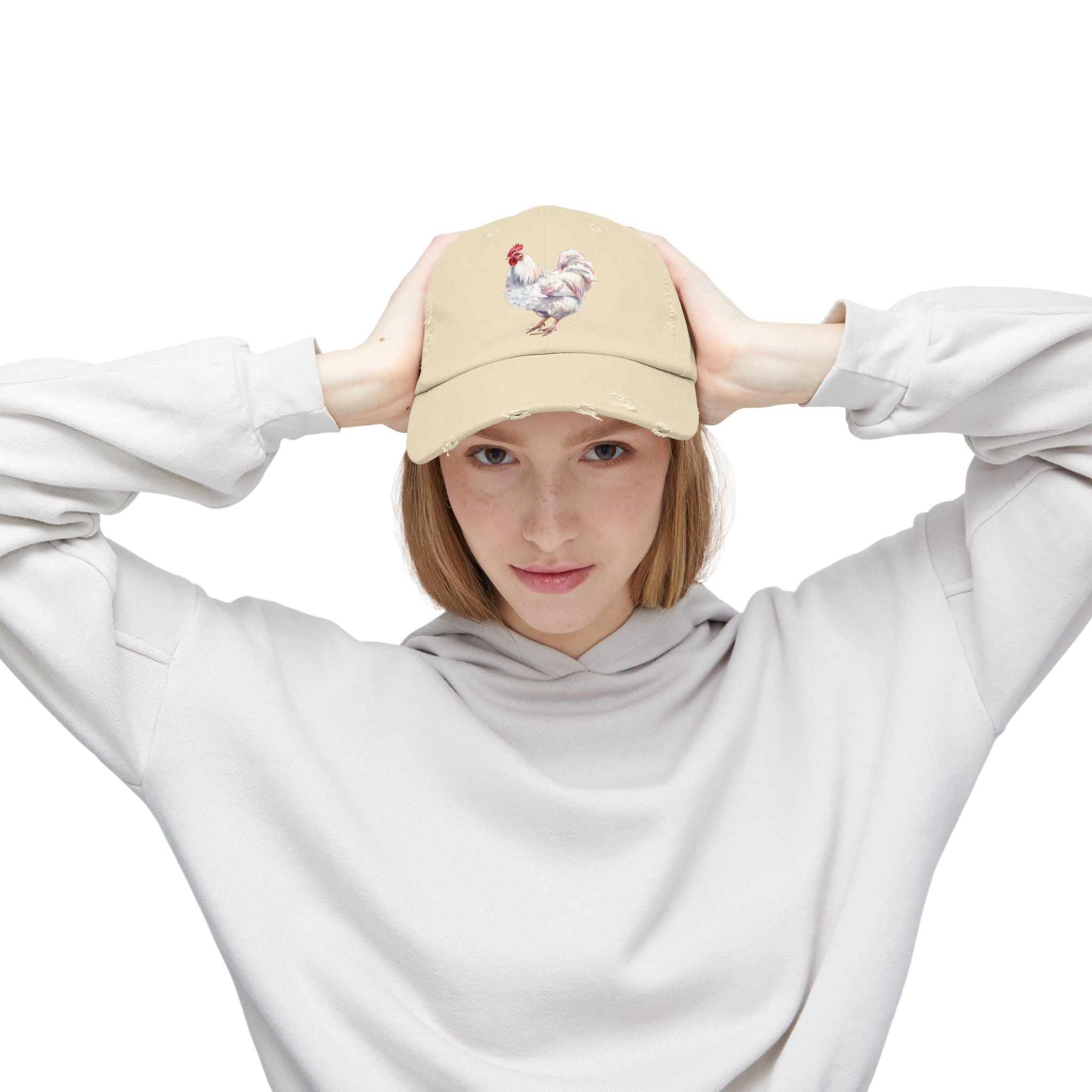 White Rooster Distressed Baseball Cap – Vintage Chicken Hat, Leghorn-Style Rooster, Farmhouse Poultry Cap, Backyard Chicken Keeper Gift