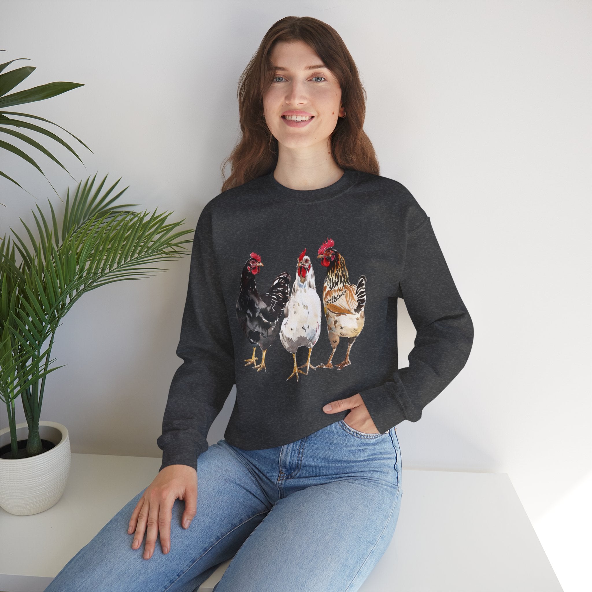 Chicken Flock Sweatshirt – Farmhouse Hen Lineup Crewneck, Cozy Homestead Chicken Mom Pullover, Unisex Gildan 18000