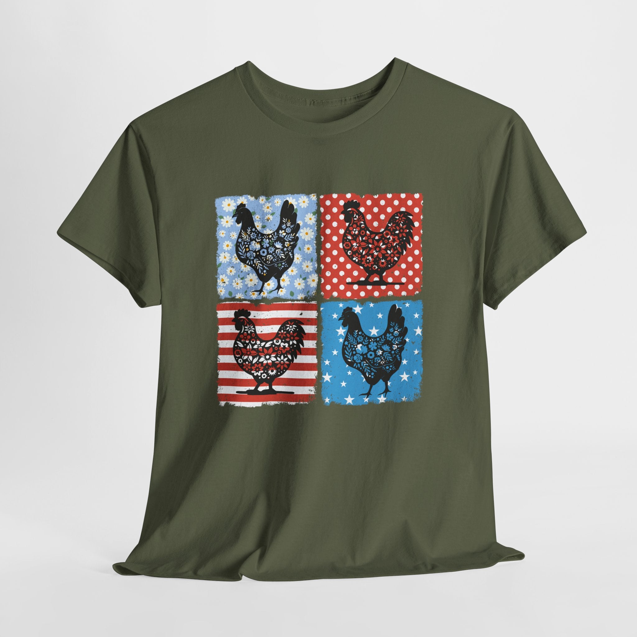 Patchwork Chicken Farm T-Shirt | Farmhouse Hen Graphic Tee | Patriotic Chicken Shirt | Country Homestead Apparel | Backyard Chicken Lover Gift