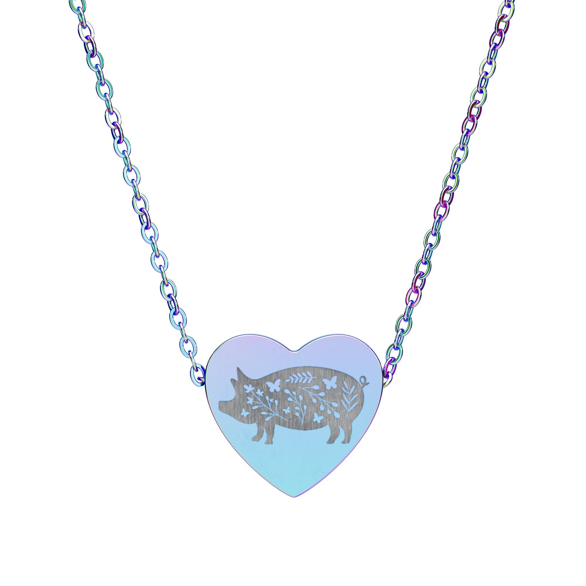 Floral Pig Heart Necklace – Farm Pig Jewelry, Pig Lover Gift, Homestead Necklace, Mini Pig Pendant, Farm Animal Jewelry, Stainless Steel Engraved Heart Necklace