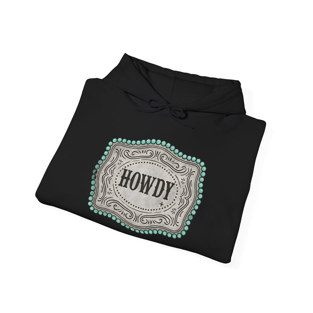Howdy Turquoise Beaded Rodeo Belt Buckle Hoodie – Unisex Farmhouse Western Sweatshirt | Country Homestead Apparel