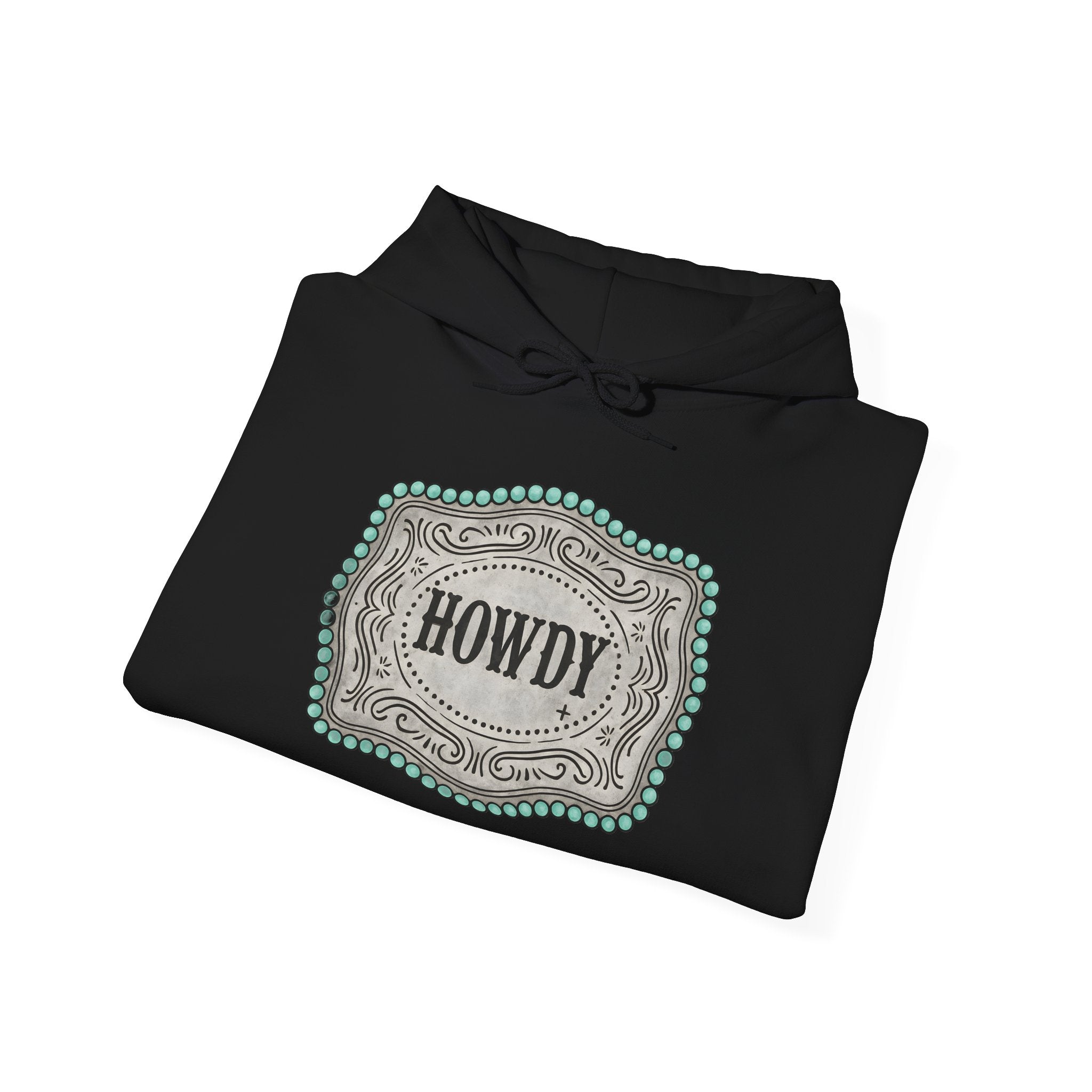 Howdy Turquoise Beaded Rodeo Belt Buckle Hoodie – Unisex Farmhouse Western Sweatshirt | Country Homestead Apparel