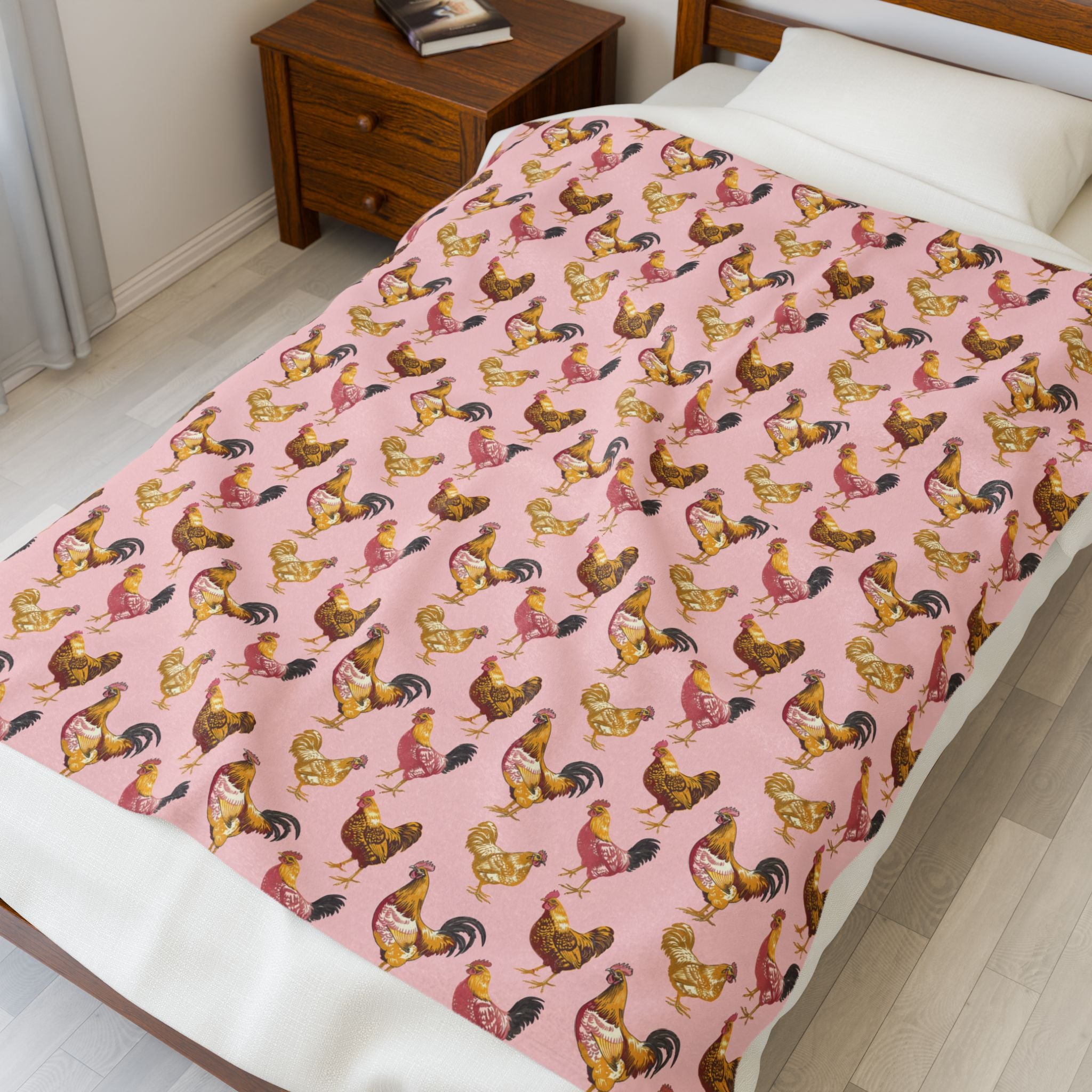 Pink Roosters Velveteen Plush Blanket Vintage Chicken Farmhouse Throw, Cozy Cottagecore Country Home Decor