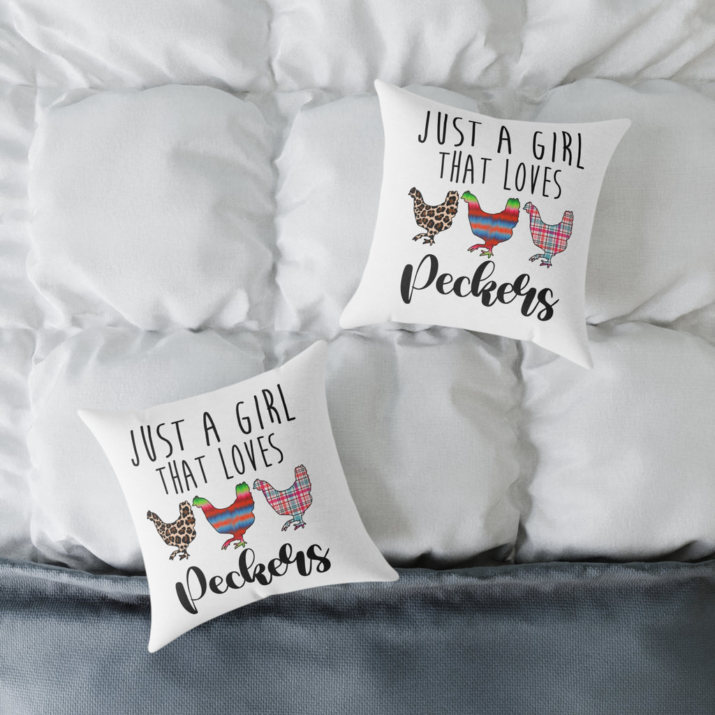 “Just a Girl That Loves Peckers” Throw Pillow – Funny Chicken Farmhouse Decor Cushion, Cute Homestead Accent Pillow